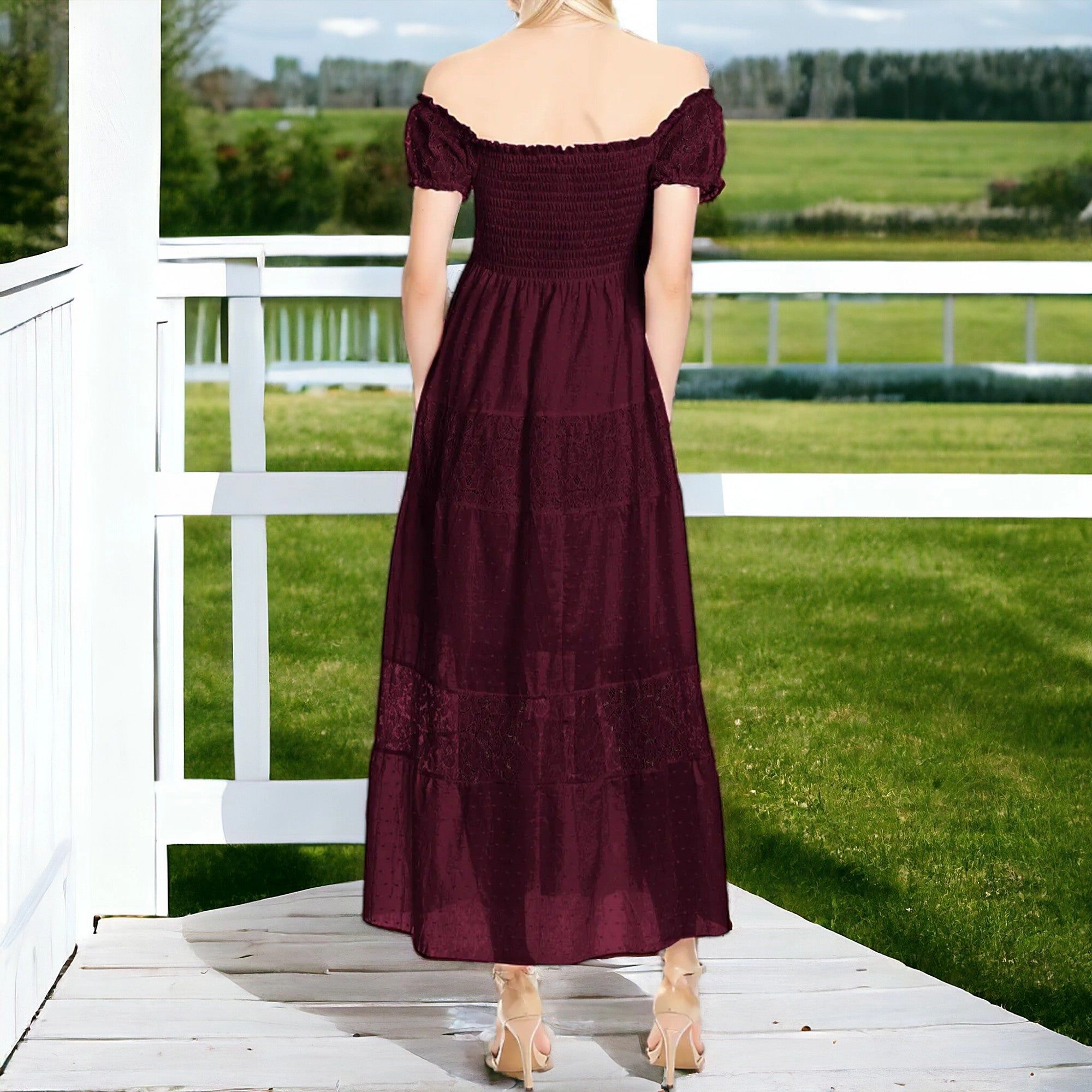 Women's Black Off-Shoulder Lace Maxi Dress with Square Neck, Short Sleeves, Half Lining
