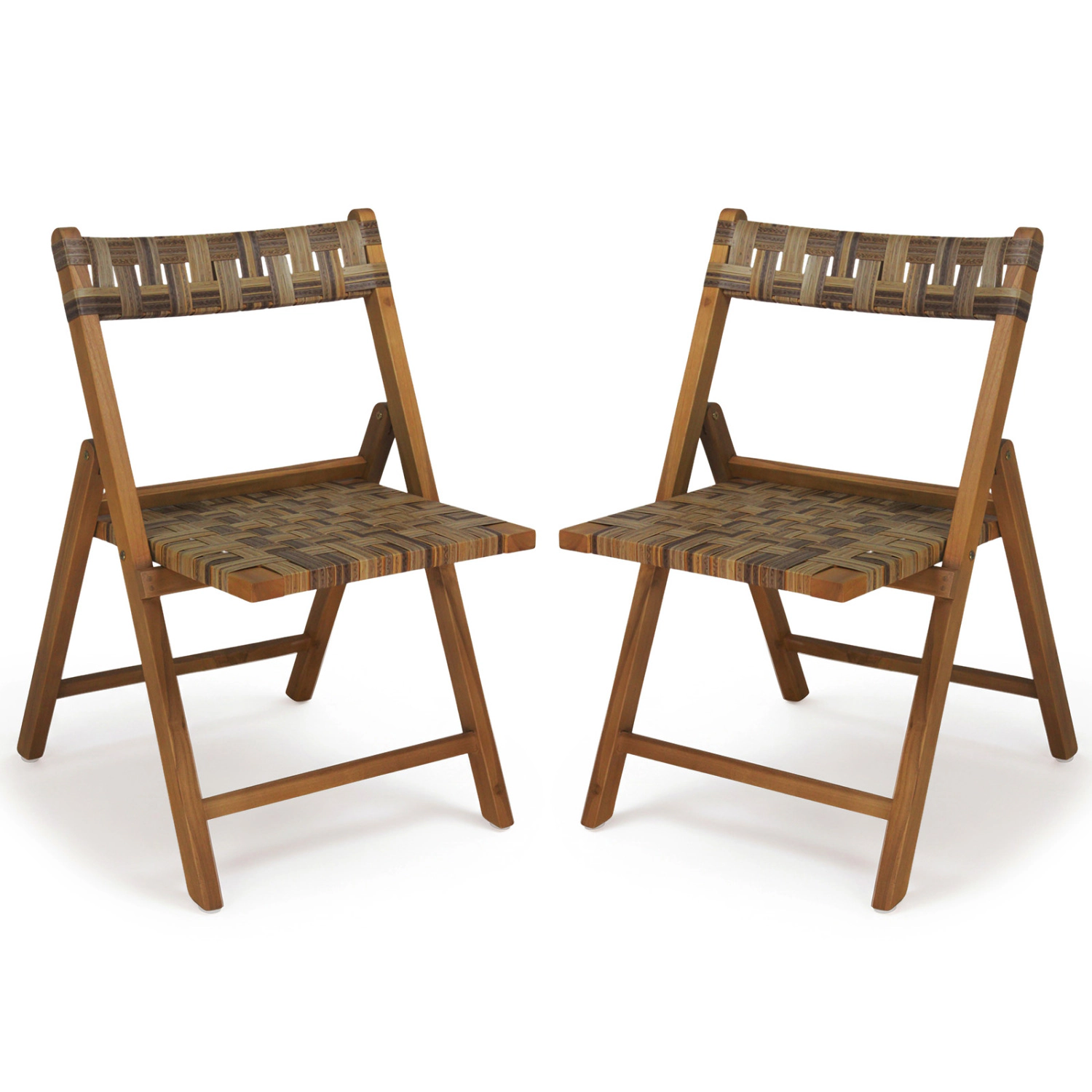 LJG Teak Folding Chairs Set of 2 with Hand-Woven Rattan and Contoured Back