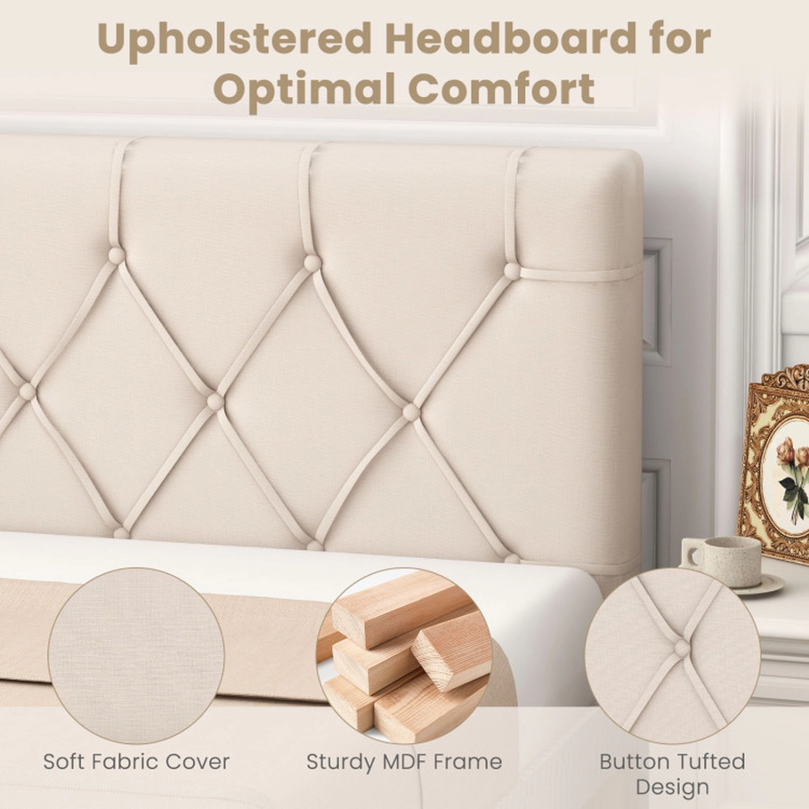 SUGIFT Beige Diamond Stitched Fabric and MDF Frame Upholstered Twin Headboard
