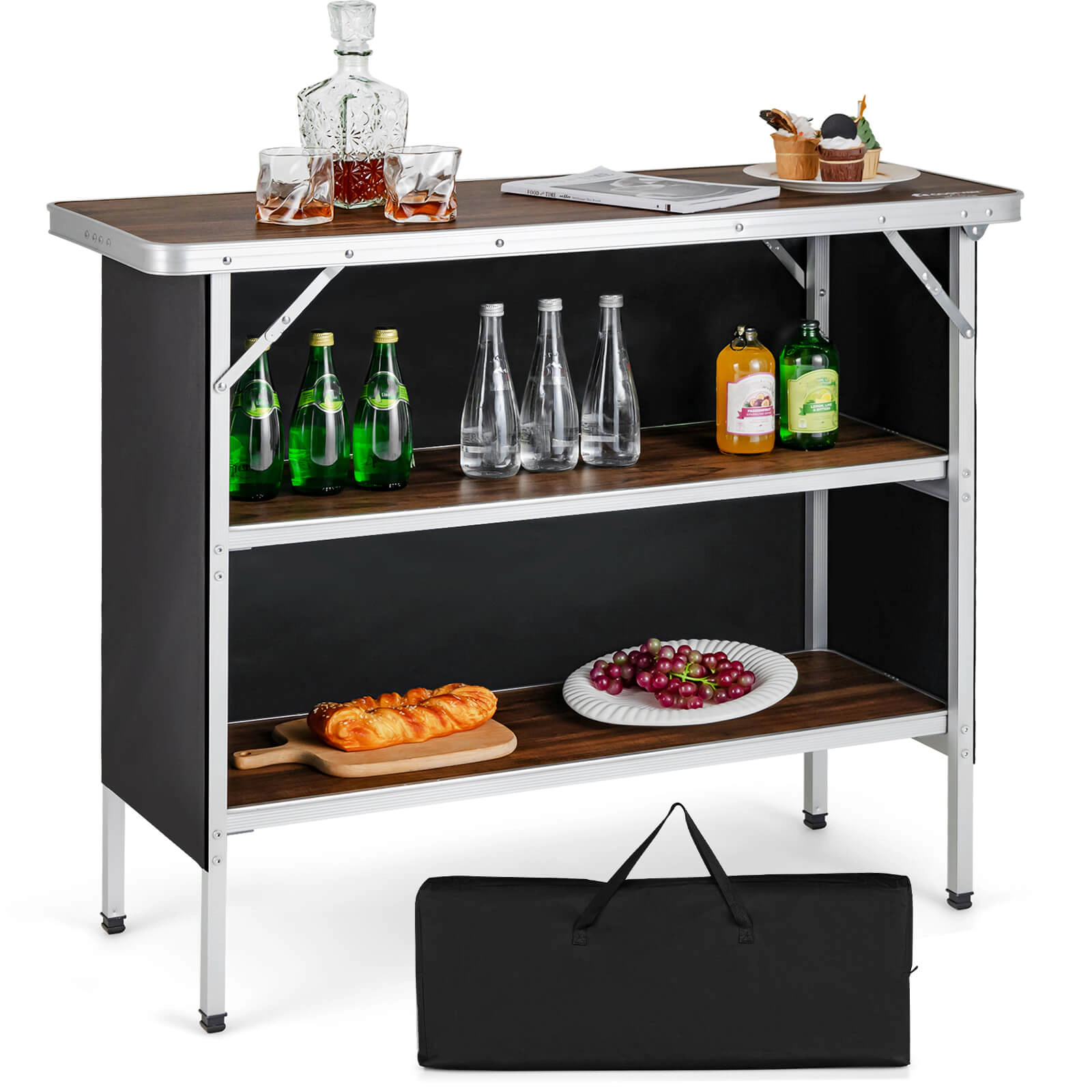 SUGIFT Folding Camping Table with 2-Tier Open Shelves 165-lb Tabletop Capacity 66-lb Shelf Capacity Black/Coffee