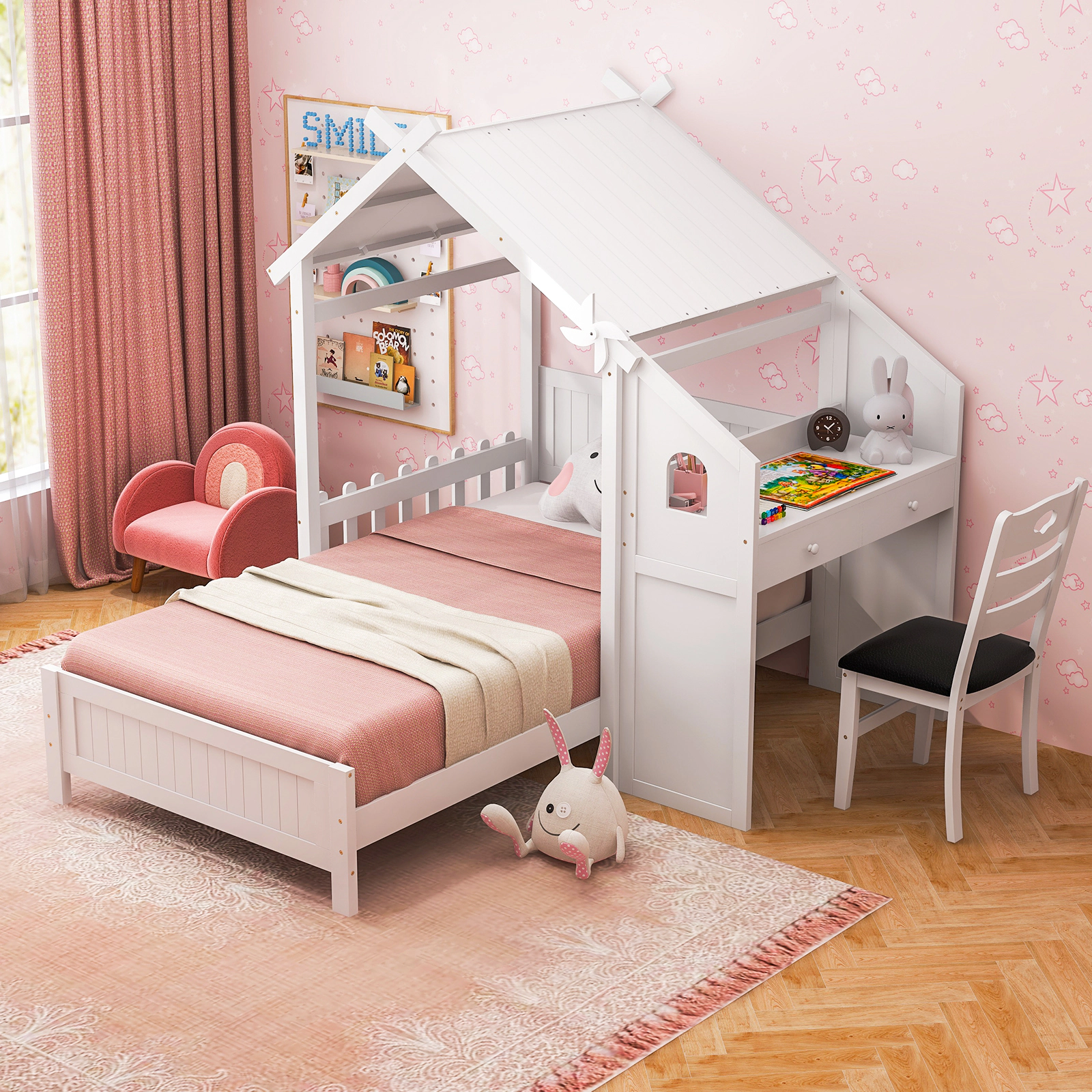 SUGIFT Twin House Bed with Desk, 2 Drawers and Study Chair, White
