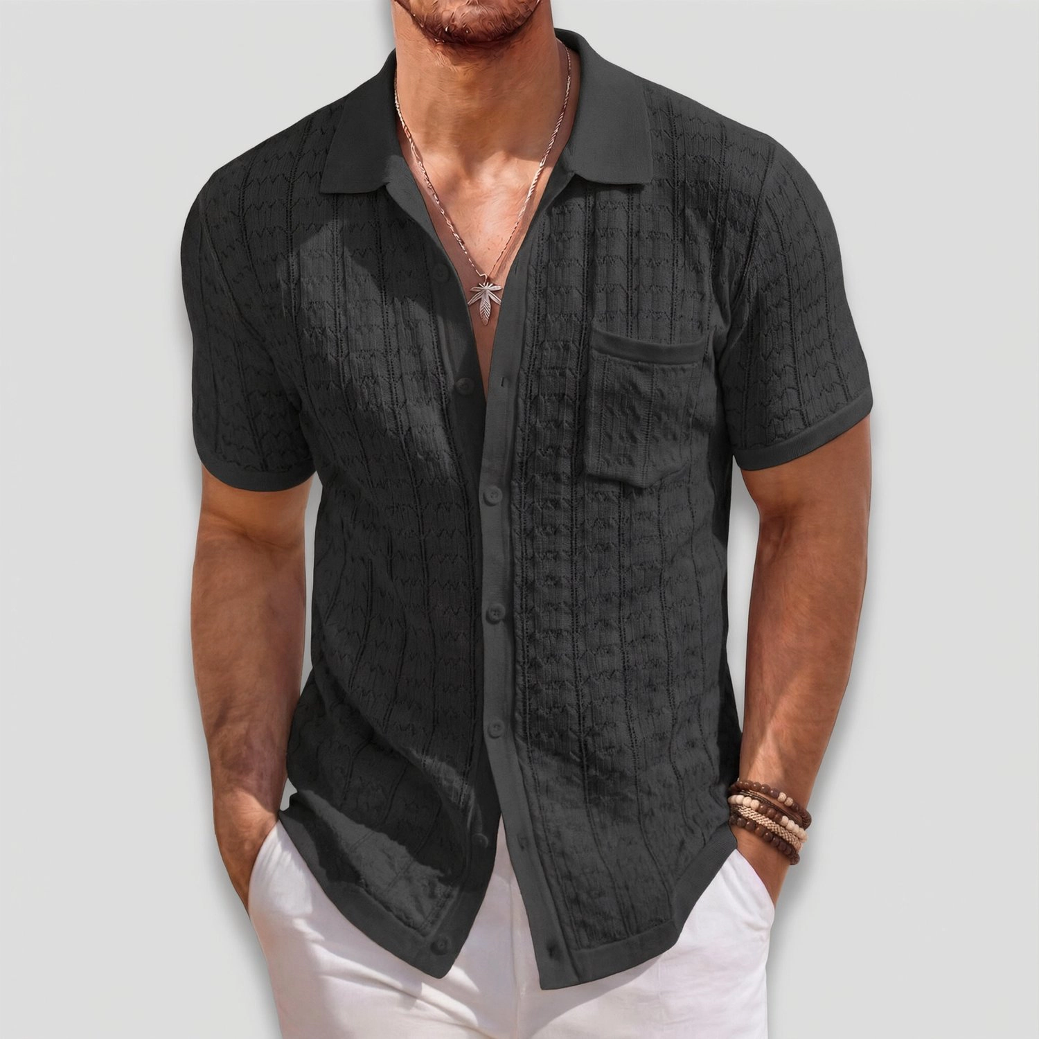 COOFANDY Mens Short Sleeve Button Up Shirts  Lapel V Neck Textured Casual Tops