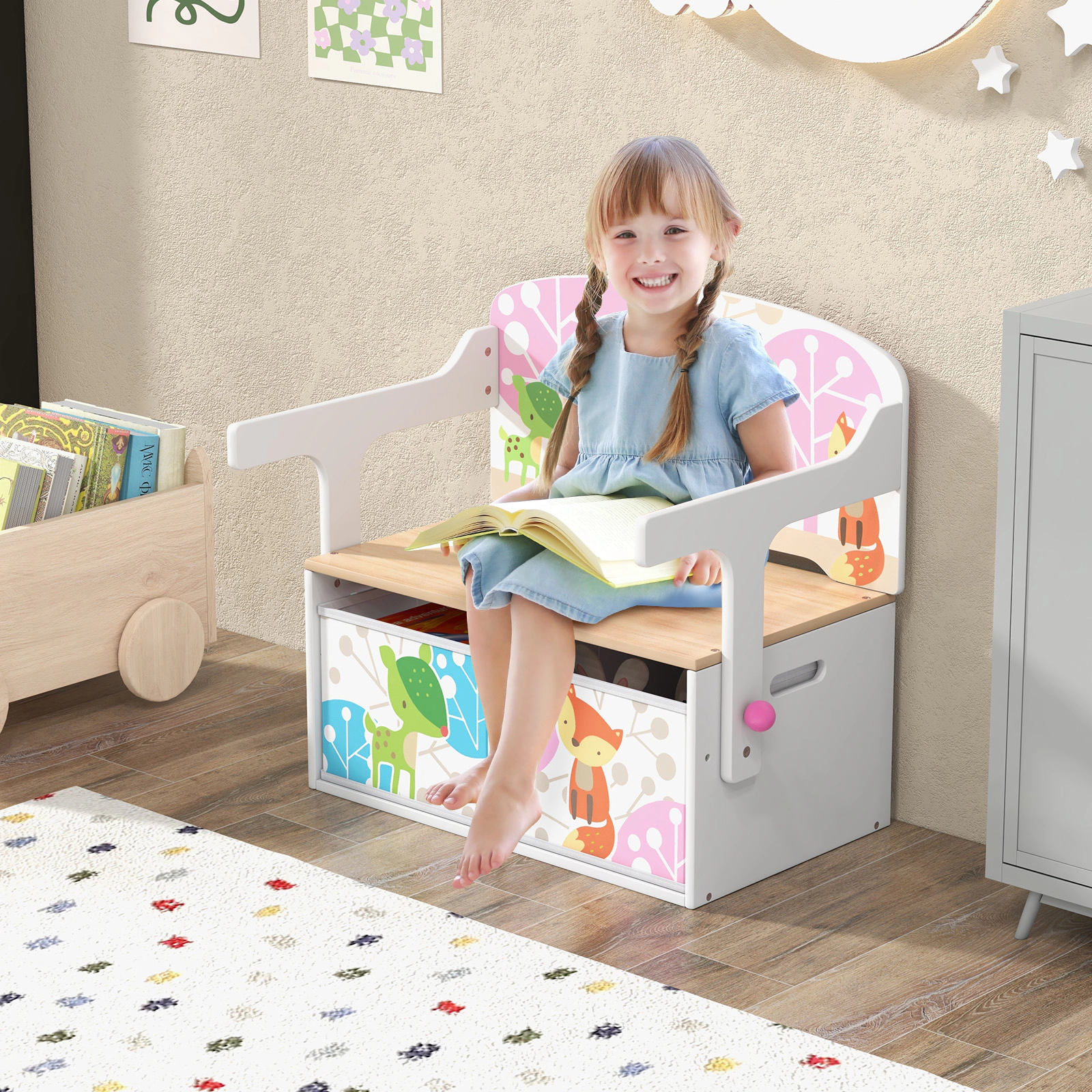 SUGIFT 3-in-1 Kids Convertible Storage Bench, White, Table and Chair Set, 2 Fabric Bins