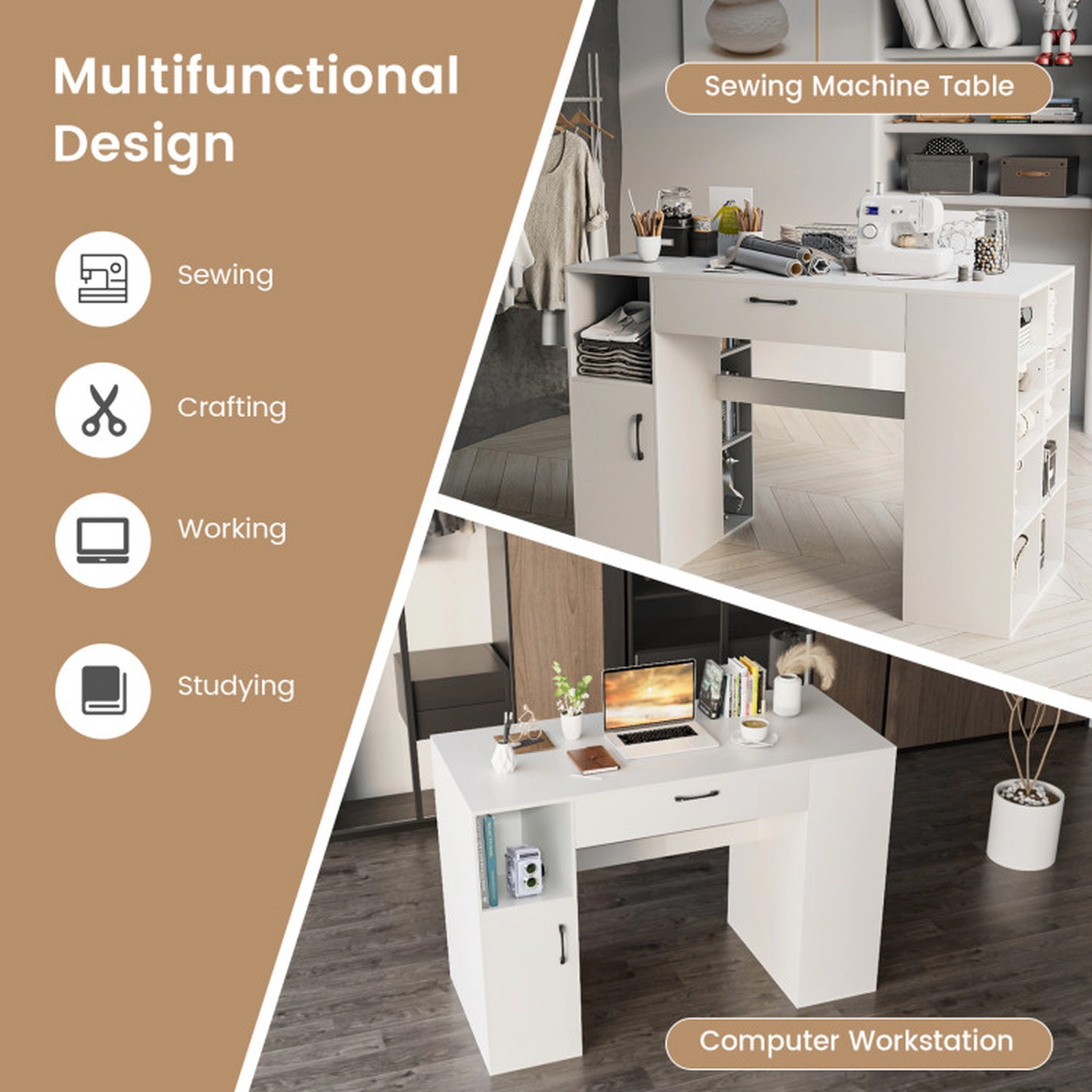 SUGIFT 53-in Counter Height 265-lb Capacity White Craft Table Computer Desk with 14 Compartments and Drawer