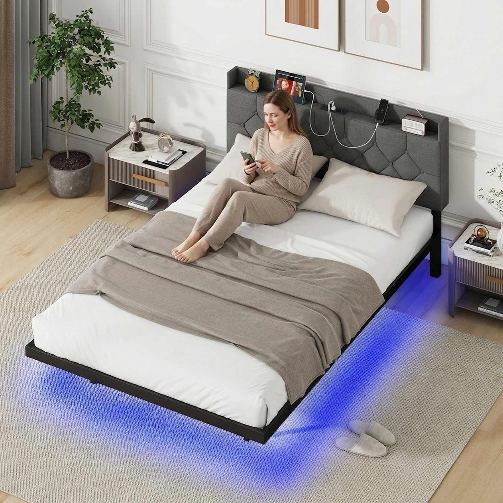 SUGIFT Full Size Floating Platform Bed with Smart LED Lights, Storage Headboard and Charging Station