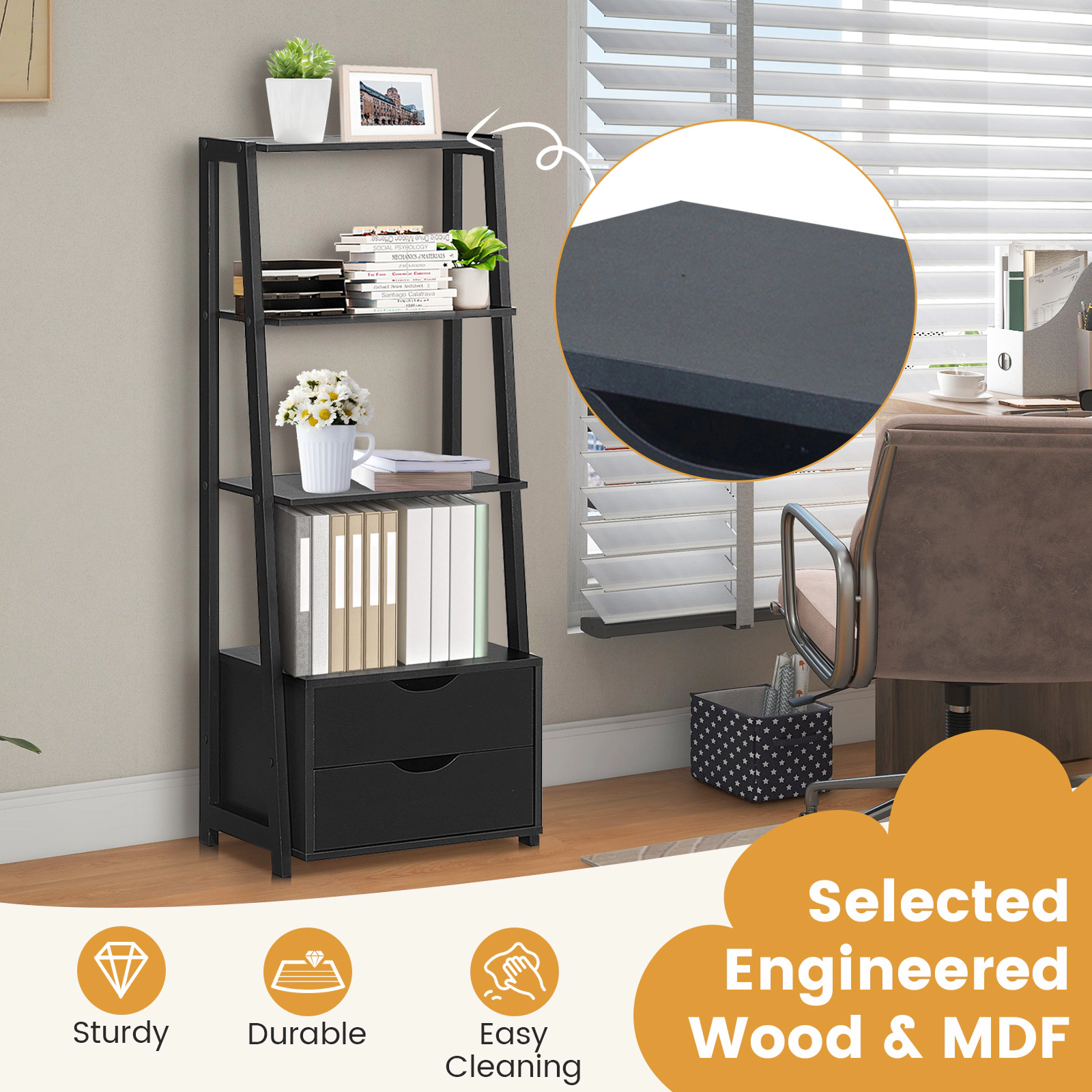 SUGIFT 4-Tier Black 52.4-in Ladder Shelf Bookshelf with 2 Storage Drawers Cut-Out Handles and Toppling Kit