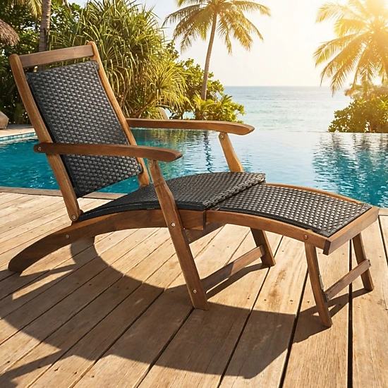 Hivvago Patio Rattan Folding Lounge Chair With Acacia Wooden Frame Retractable Footrest
