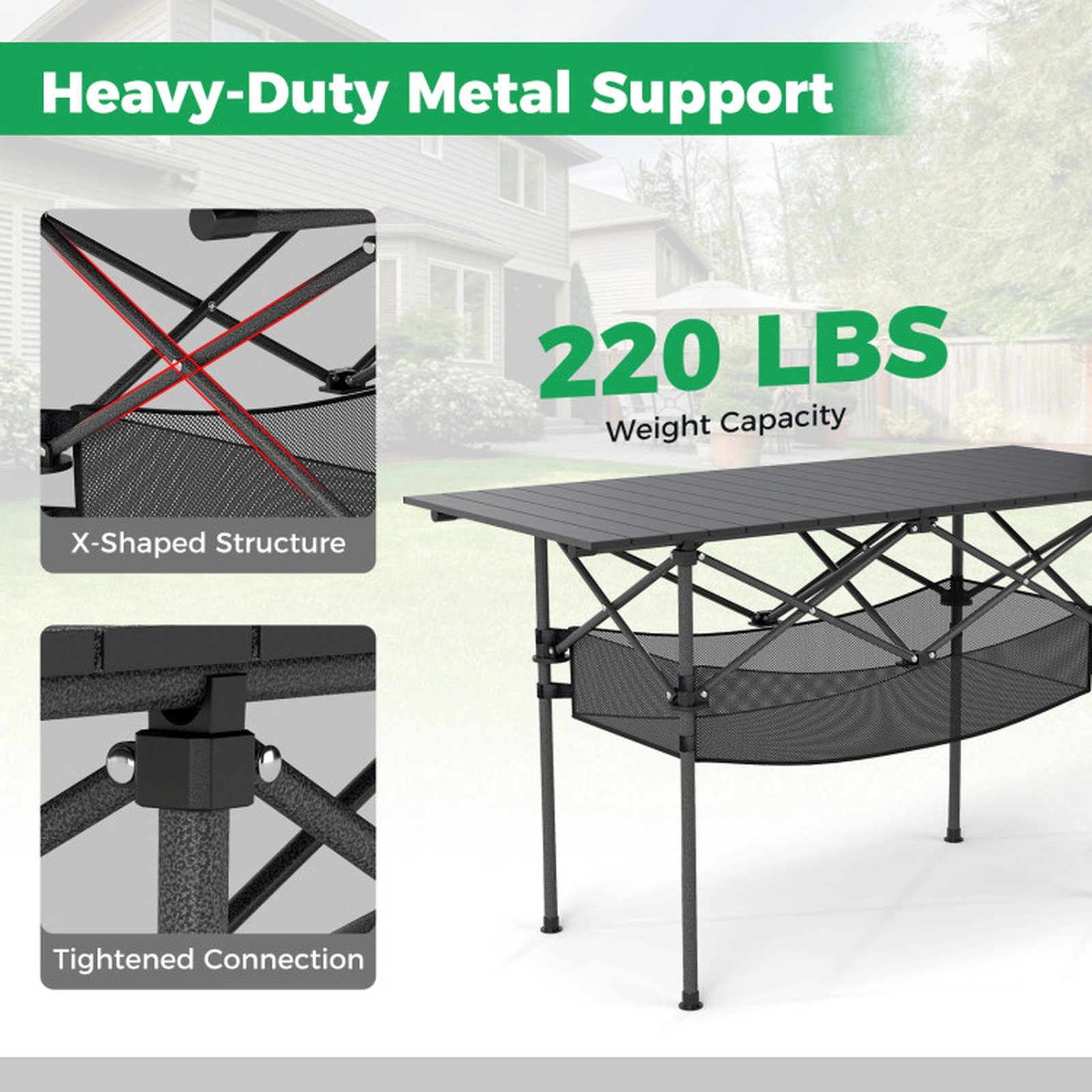 SUGIFT 47-Inch Aluminum Roll-Up Camping Table, 220-Lb Capacity, Mesh Basket and Carry Bag