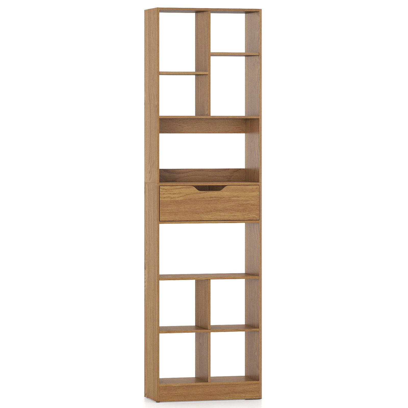 SUGIFT 10-Cube 205-lb Capacity 71-in Tall Natural Wood Bookshelf with Drawer and Anti-Fall Guard