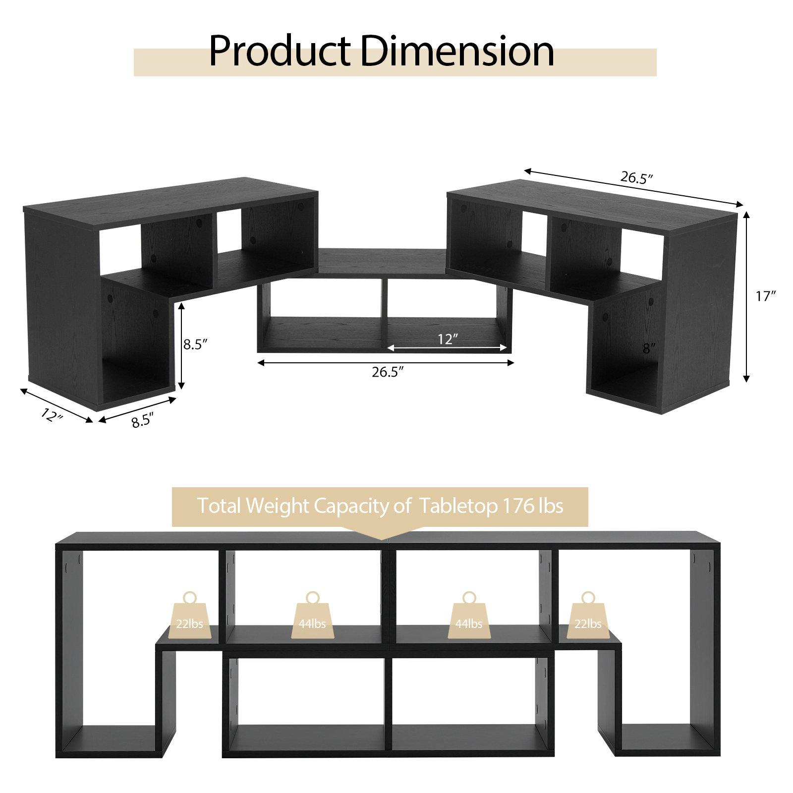 SUGIFT 3-Piece Black TV Stand for TVs up to 65 Inches, 6 Open Storage Bays
