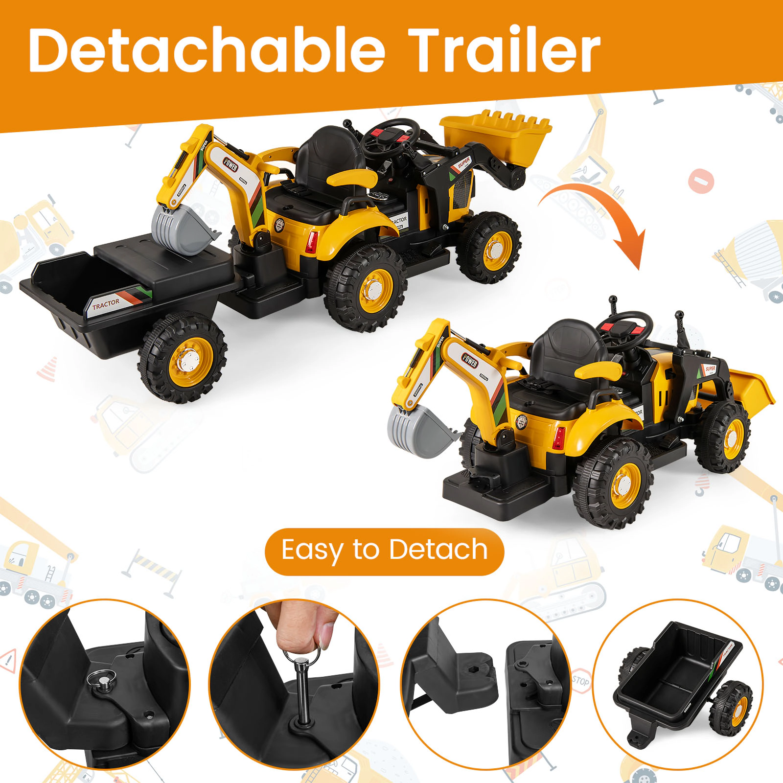 SUGIFT Kids Yellow 4-in-1 12V Ride On Tractor with Bucket Digger and Trailer 73-in W 26-in H 66-lb Rider Capacity