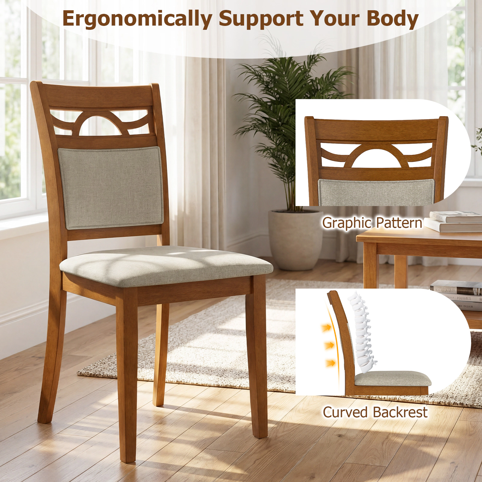 SUGIFT Brown Padded Backrest Polyester Upholstered Rubber Wood Frame Set of 2 Dining Chairs