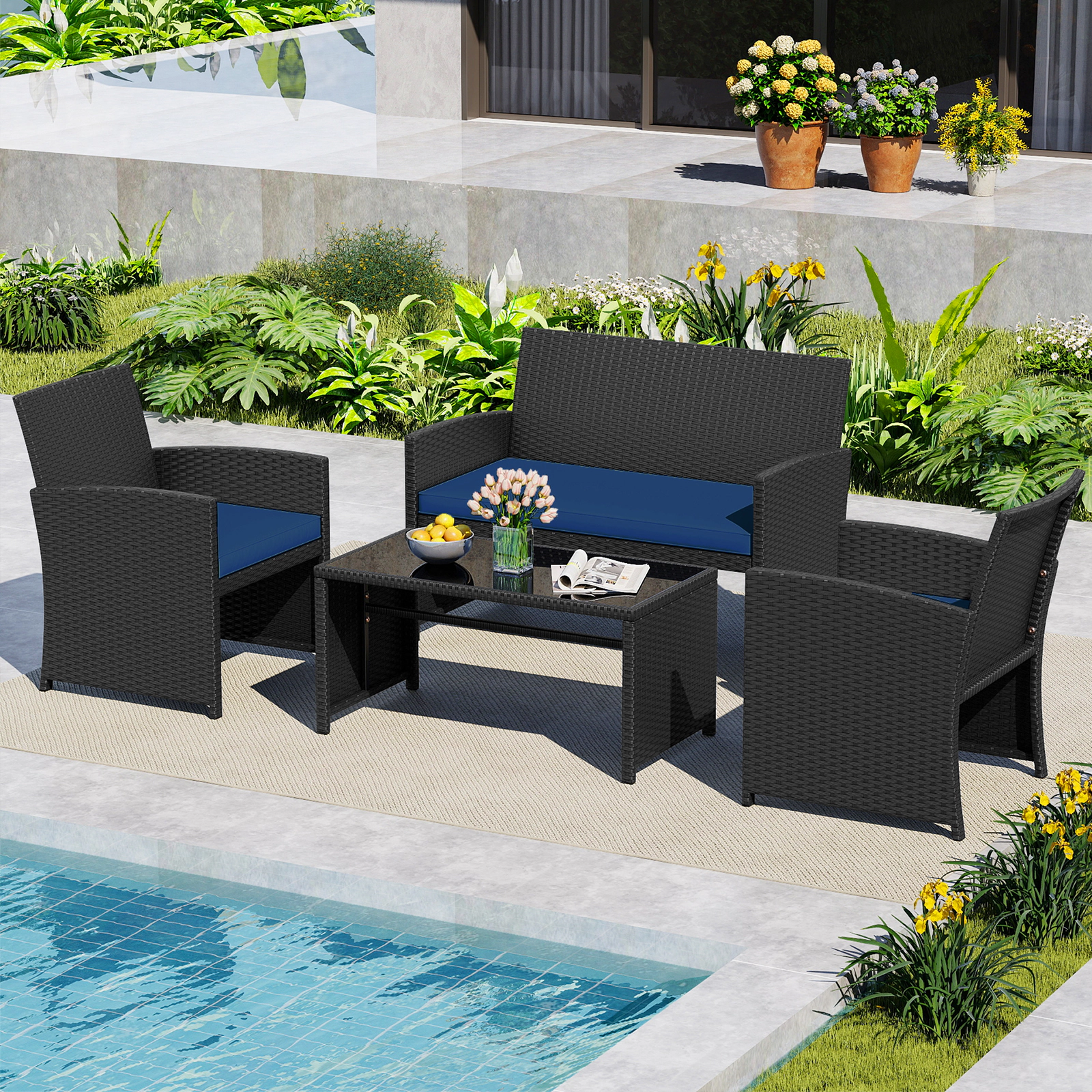 SUGIFT 4-Piece Rattan Patio Conversation Set with Tempered Glass Tabletop 400-800-lb Capacity Navy Cushions