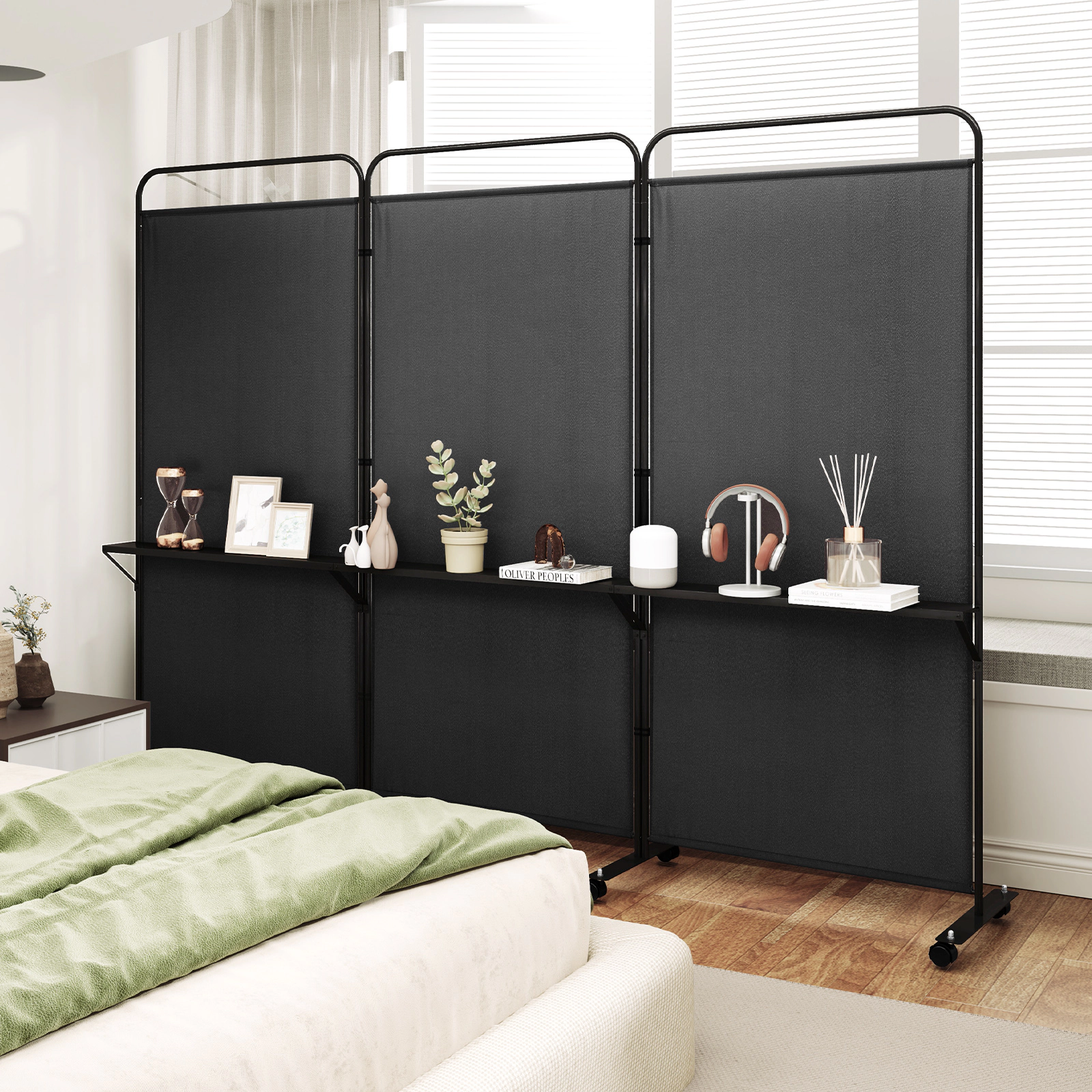 SUGIFT 3-Panel Folding Polyester Fabric 3 Metal Shelves Room Divider Screen 103-in x 18-in x 74-in 8 Wheels Black