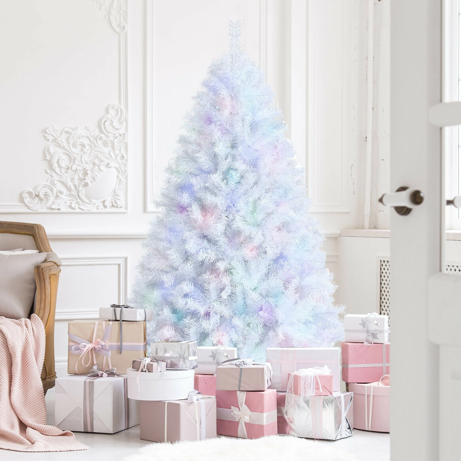 SUGIFT 6-ft White Iridescent Tinsel Artificial Christmas Tree with 792 Branch Tips and X-Shaped Iron Base