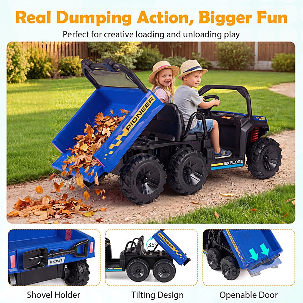 SUGIFT Power Dump Bed and LED Lights 24V 2-Seater Kids Ride On Truck 4WD
