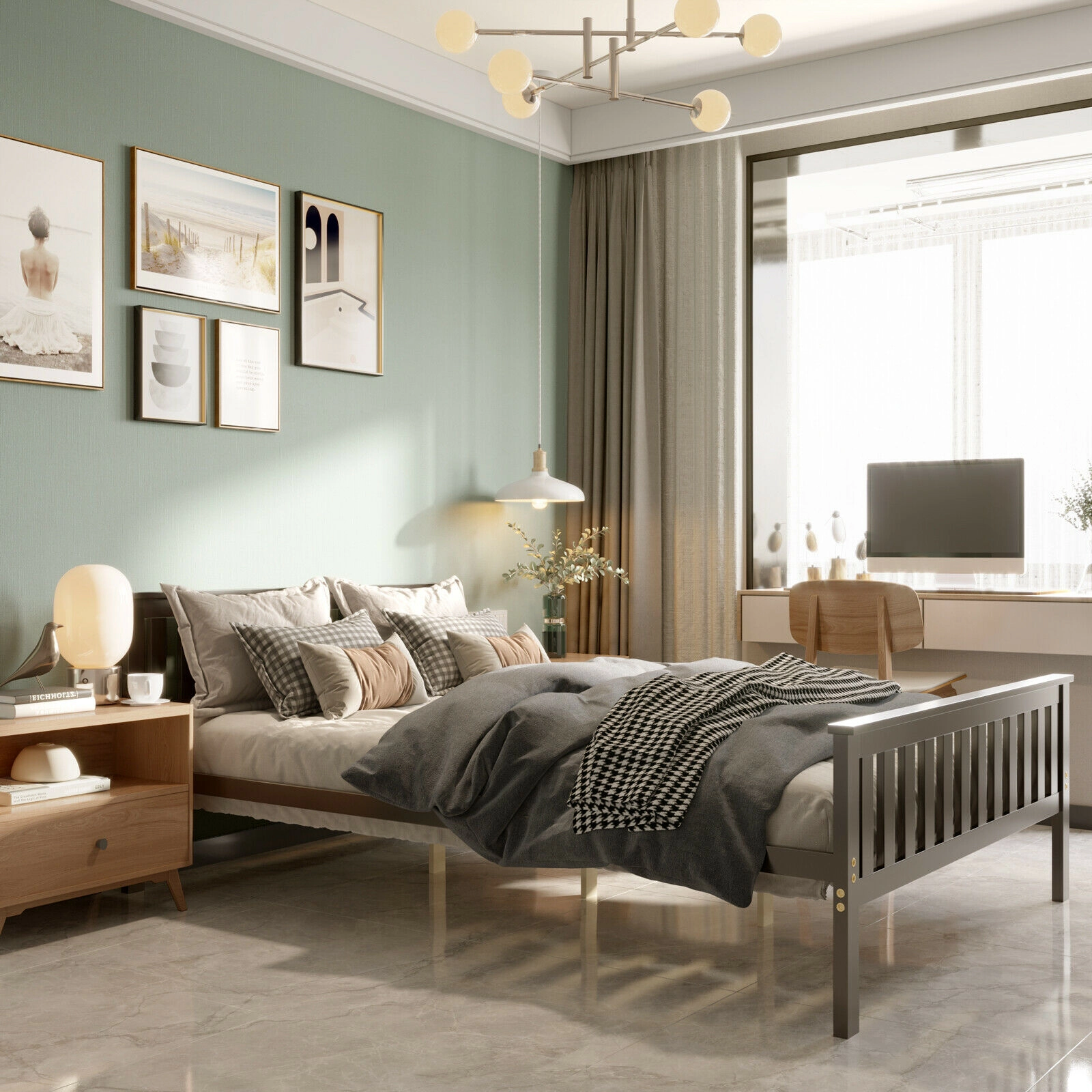 LJG Wood Platform Bed with Headboard
