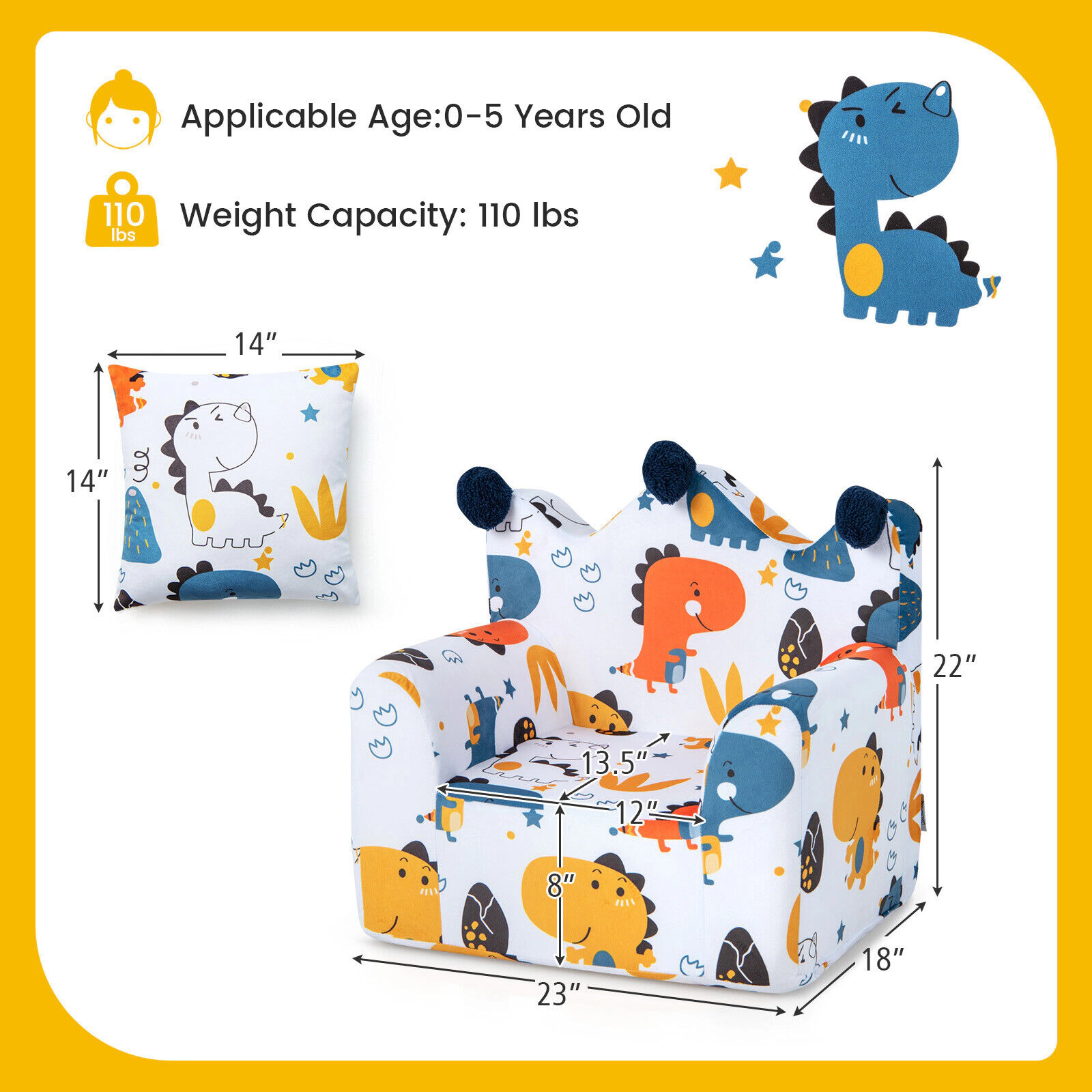 SUGIFT High-Density Padding Kids Sofa Chair with Armrest and Pillow 110-lb Capacity Ages 0-5 Blue