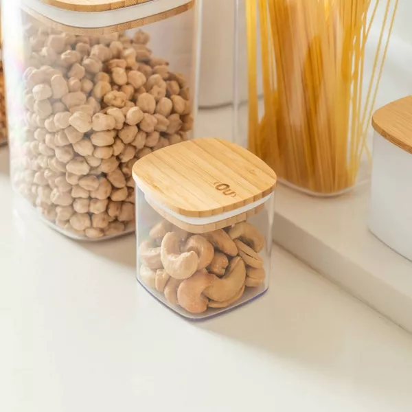 OU Airtight Food Storage Container Set 8pc, Clear Plastic Container w/ Leak Proof Bamboo Lid, Stackable Pantry Organizer