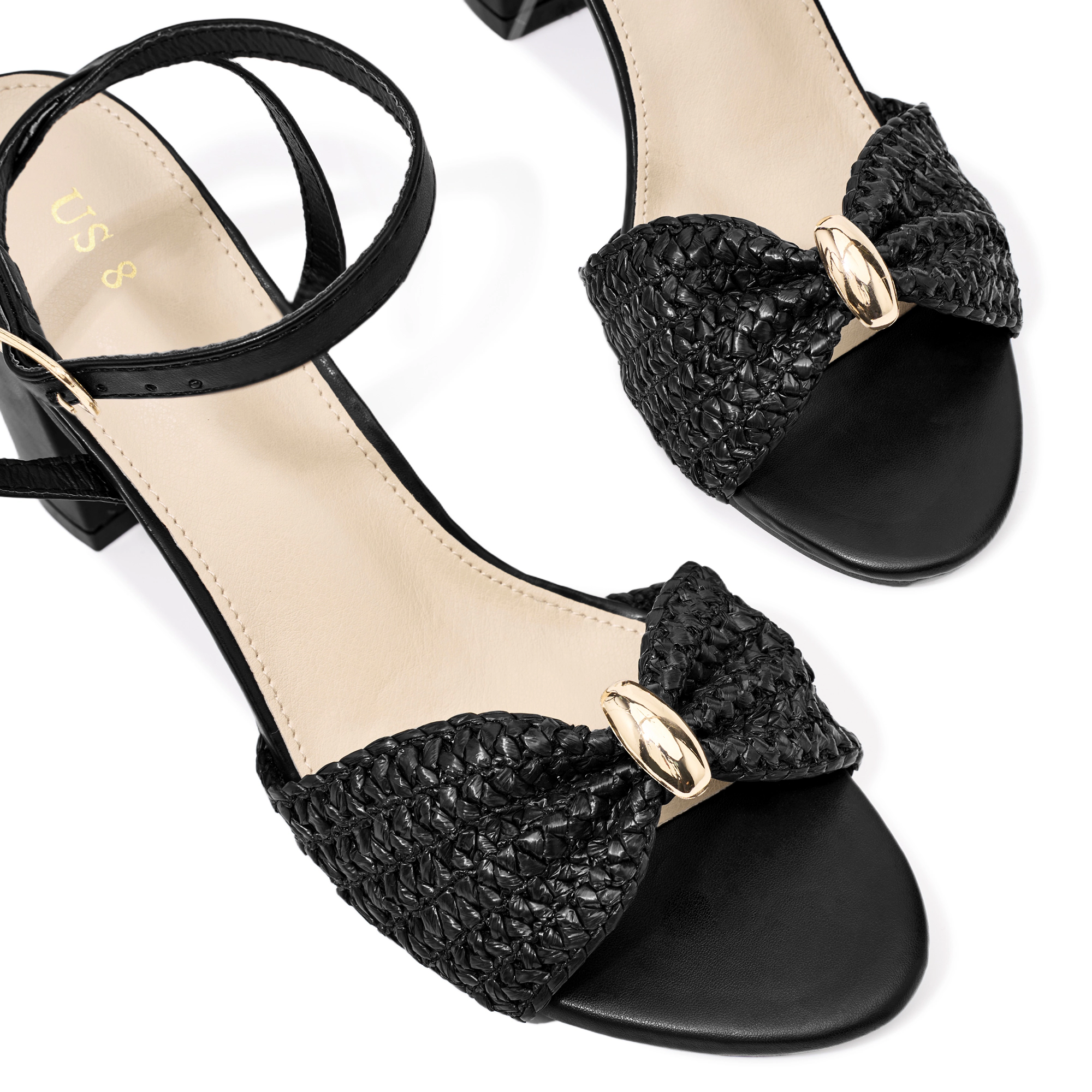 BLISSFUL STEP Women's Raffia Knot Open Toe Ankle Strap Chunky Heel Dress Sandals