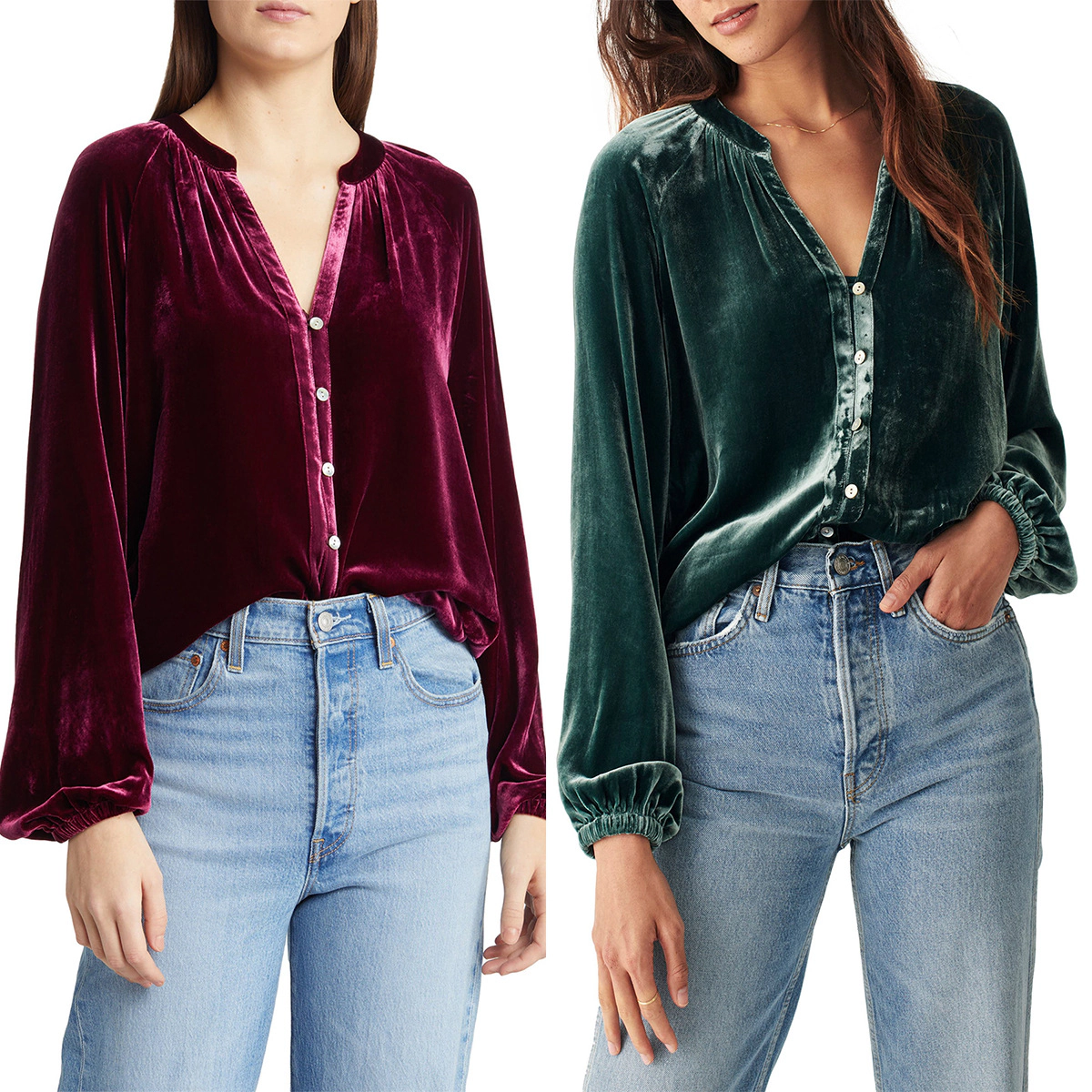 BLUEMING Womens Winter Velvet Long Sleeve Button Down Casual Tops Shirts V-Neck Cute Puff Sleeves Shirt Tunic Blouses