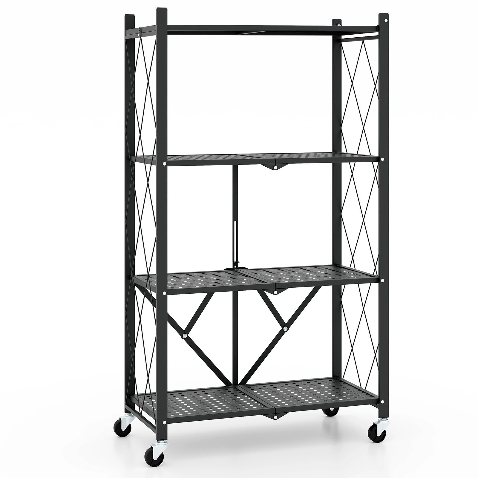 SUGIFT Black 4-Tier Foldable Storage Rack with Lockable Wheels and Pre-Assembled Frame