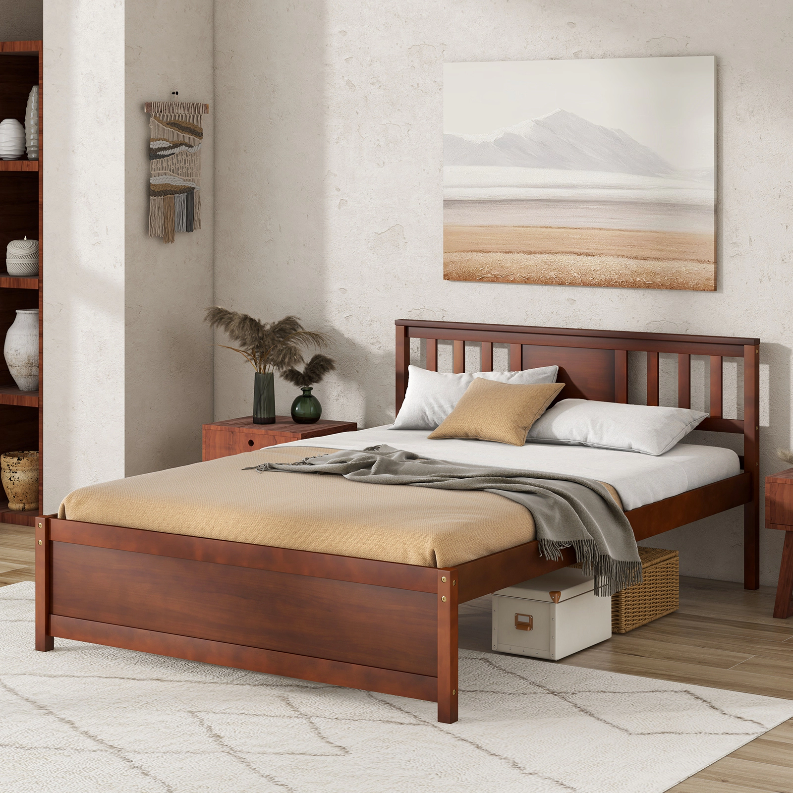 SUGIFT Wood Slat Support Platform Bed Frame with Headboard 440-lb Capacity Full Size Walnut