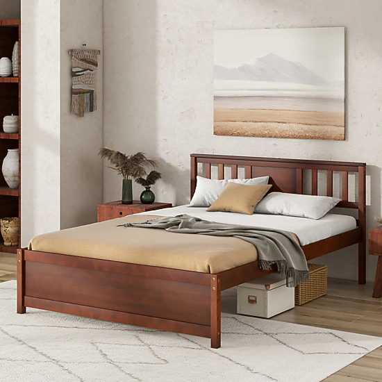 SUGIFT Wood Slat Support Platform Bed Frame with Headboard 440-lb Capacity Full Size Walnut