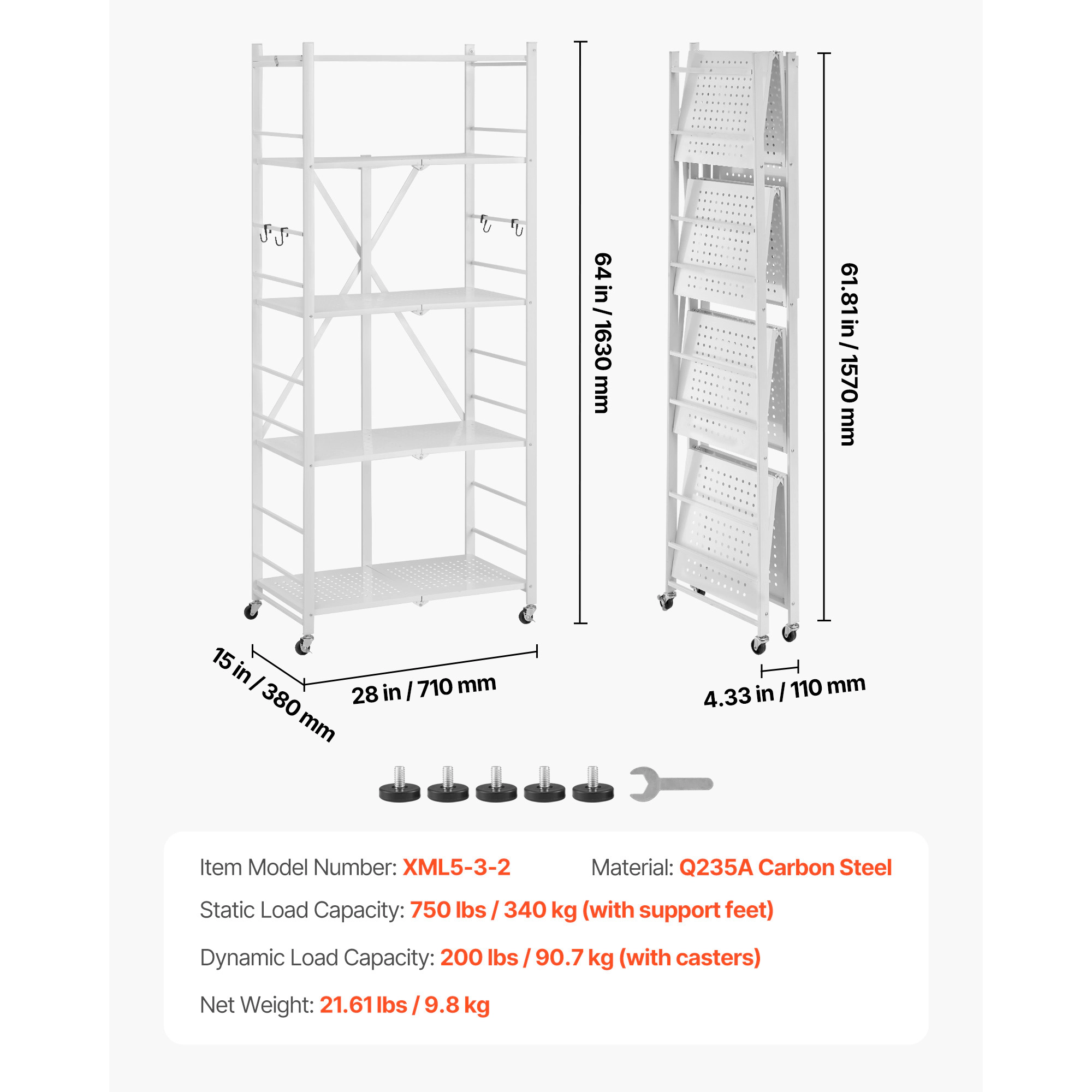 HONGGE Foldable Storage Shelf Folding Metal Rack Shelving Unit No Assembly Organizer Shelf with 5 Wheels & 4 Hooks for
