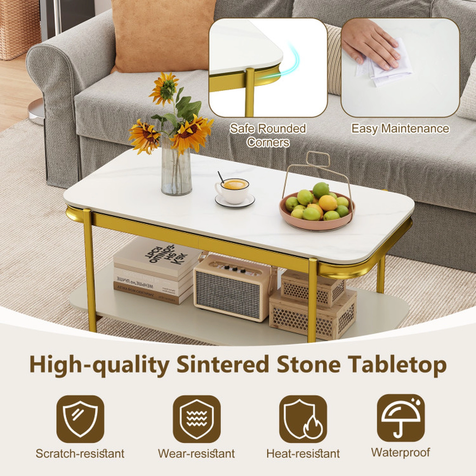 SUGIFT 2-Tier 100-lb Capacity Sintered Stone Top Modern Rectangular Coffee Table with Open Storage Shelf