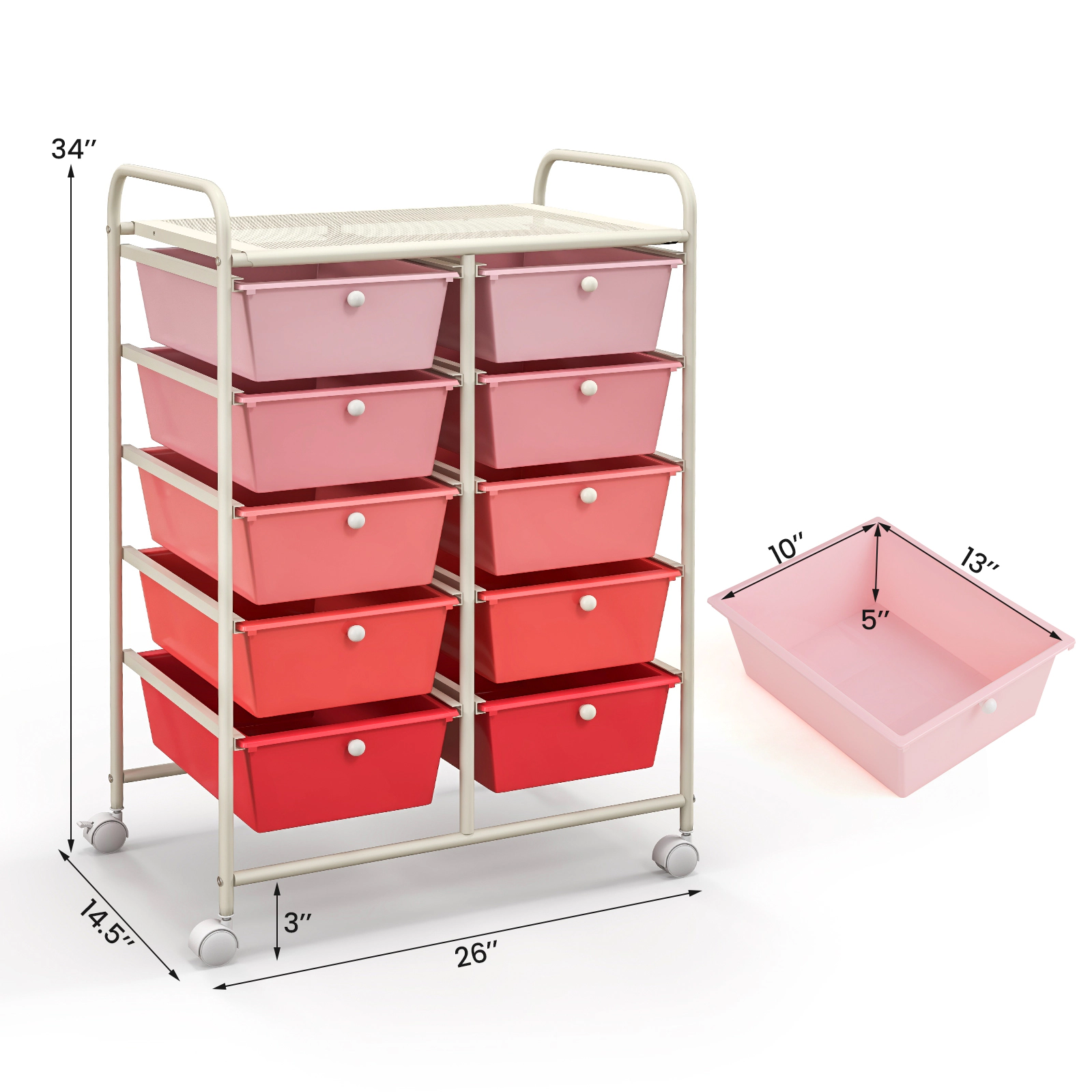 SUGIFT 10-Drawer Rolling Storage Cart with Mesh Top Platform 22-lb Top Capacity Gradient Pink As Picture Shown
