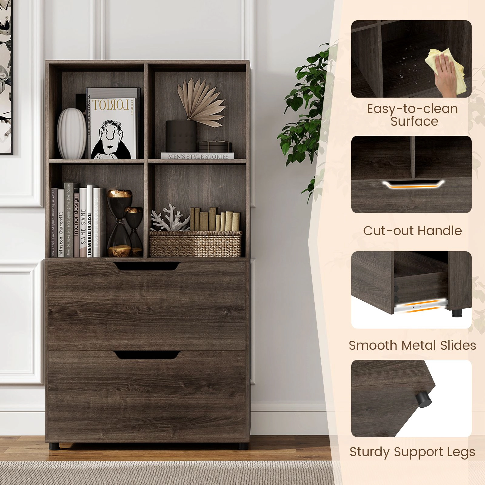 SlickBlue 51 Inch Bookcase with Drawers and Open Cube Storage Shelves