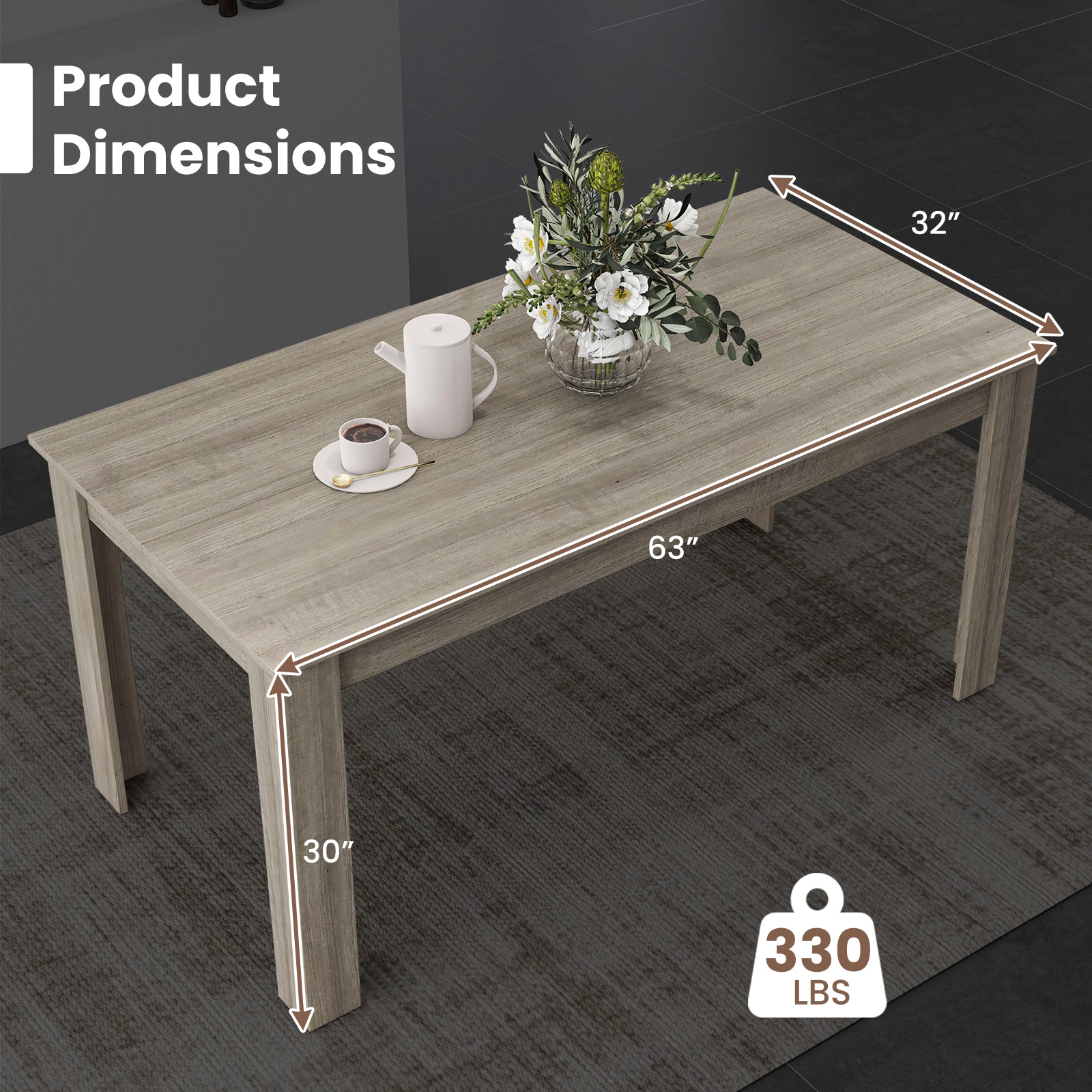 SUGIFT 63-in Rectangular Modern Engineered Wood Dining Kitchen Table 200-lb Capacity 63 x 31.5 x 30 in Light Gray