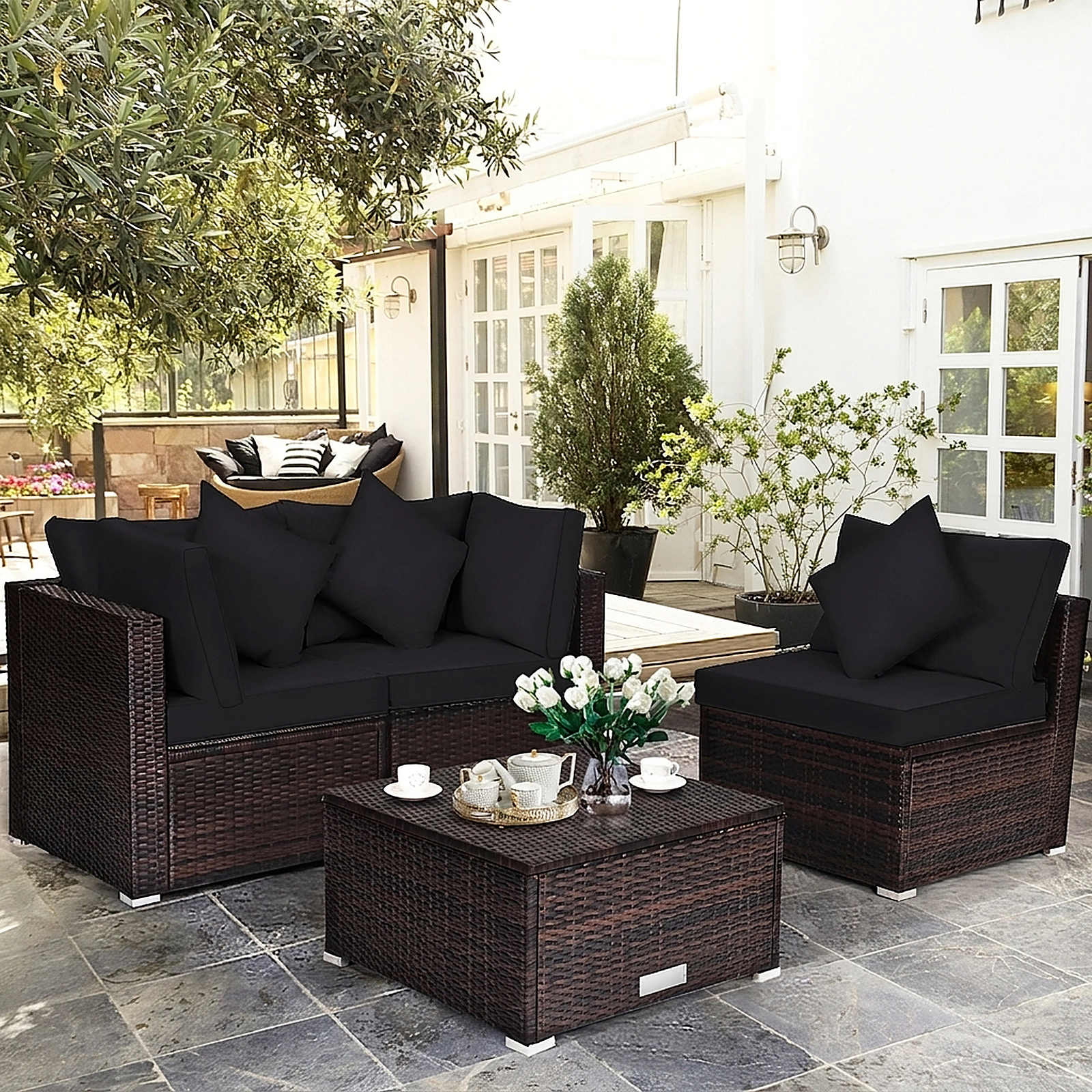 SUGIFT 4-Piece Black Wicker Patio Sectional, L-Shaped Corner Sofas and 4-Inch Cushioned Ottoman