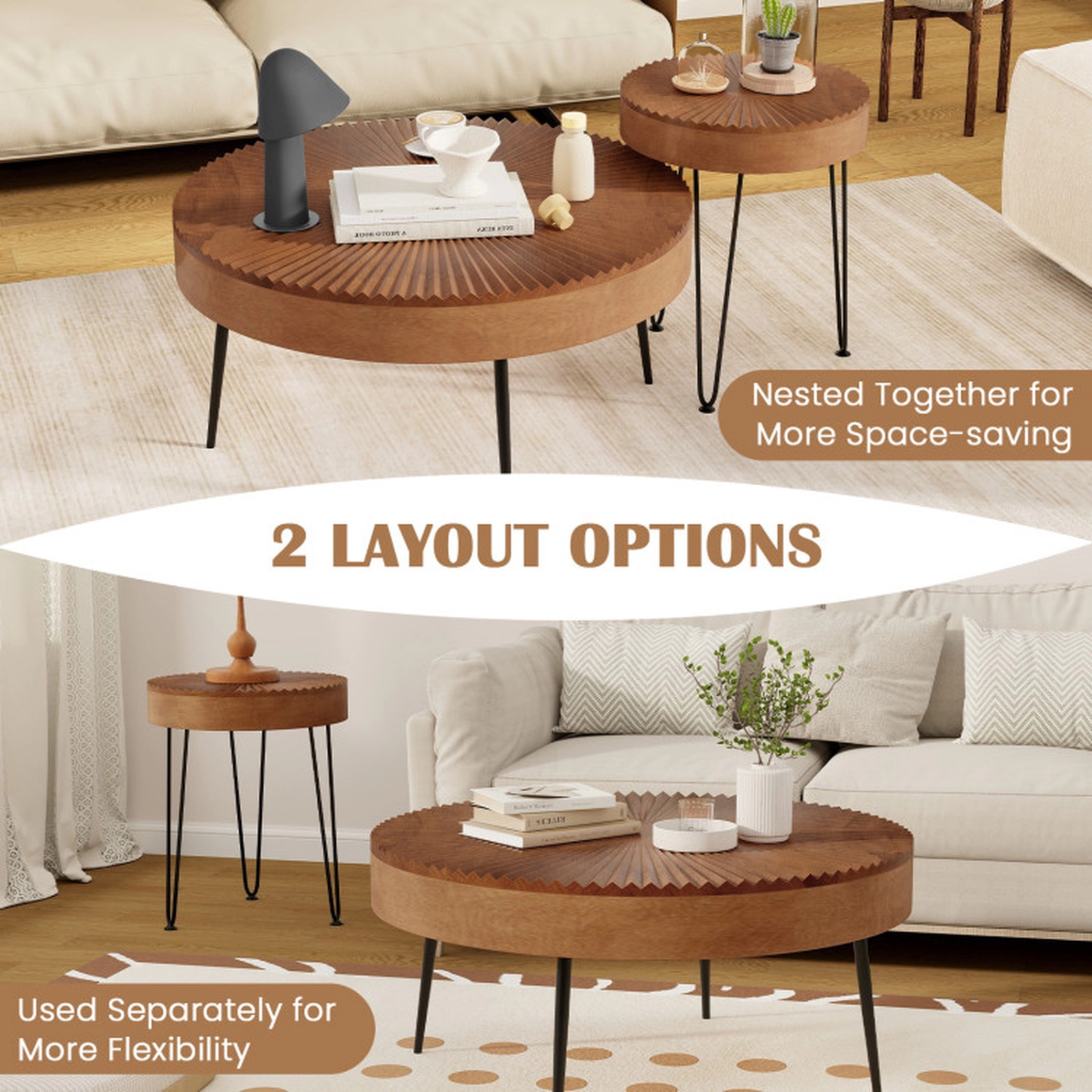 SUGIFT Set of 2 Boho Round Coffee Tables with Solid Pine Wood Top and Metal Legs 180-lb and 135-lb Capacity Brown