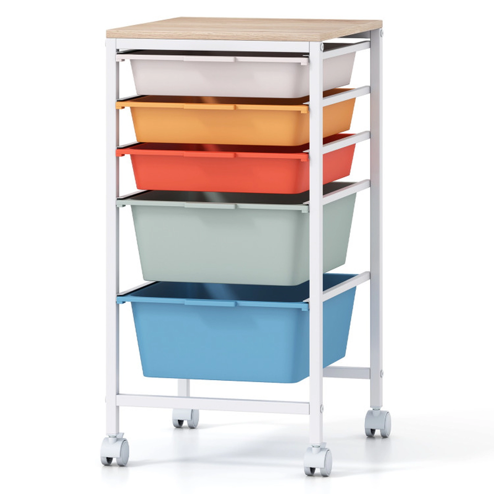 SUGIFT 5-Drawer Rolling File Cabinet Storage Cart with Wooden Tabletop 38-lb Capacity Natural + White/ Macaron