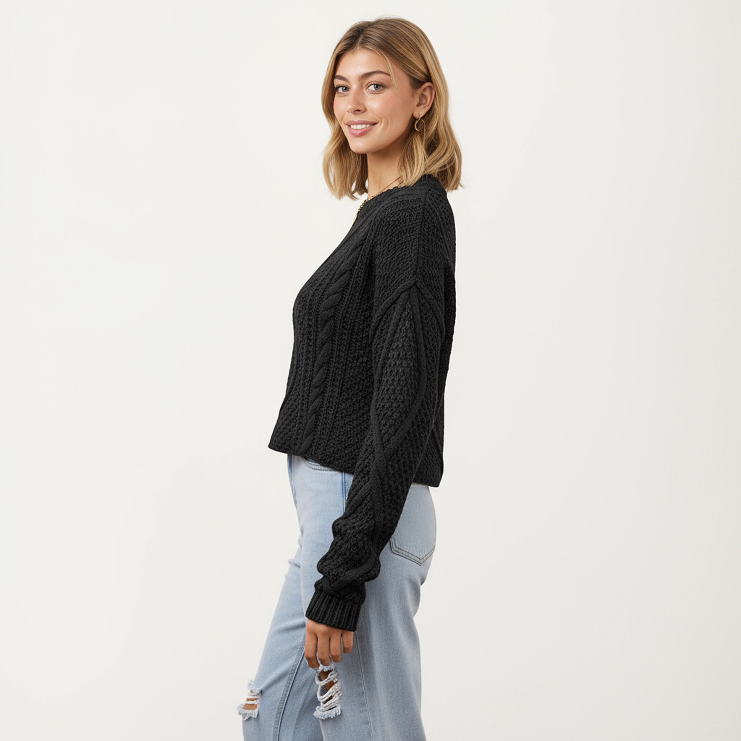 Anna-Kaci Women's Long Sleeve Cable Knit Pullover Sweater with Textured Pattern