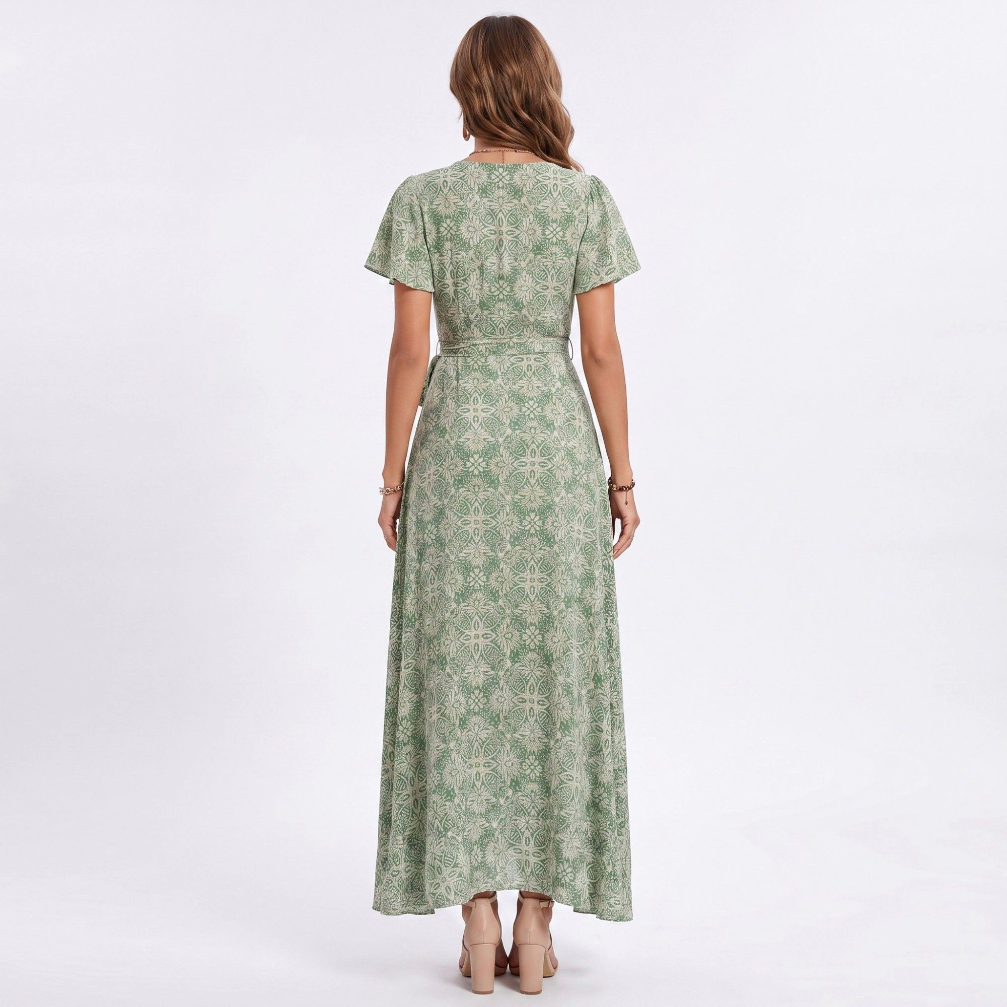 Anna-Kaci Women's Floral Print Wrap V-Neck Short Flutter Sleeves Tie Waist Front Slit Maxi Dress