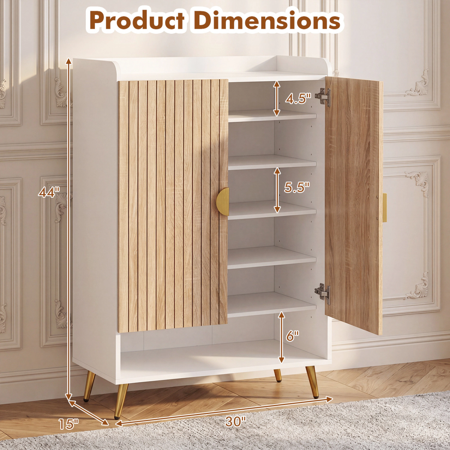 Glintex 44-Inch Tall Shoe Cabinet with 7 Tiers Baffled Top and Open Bottom Bay