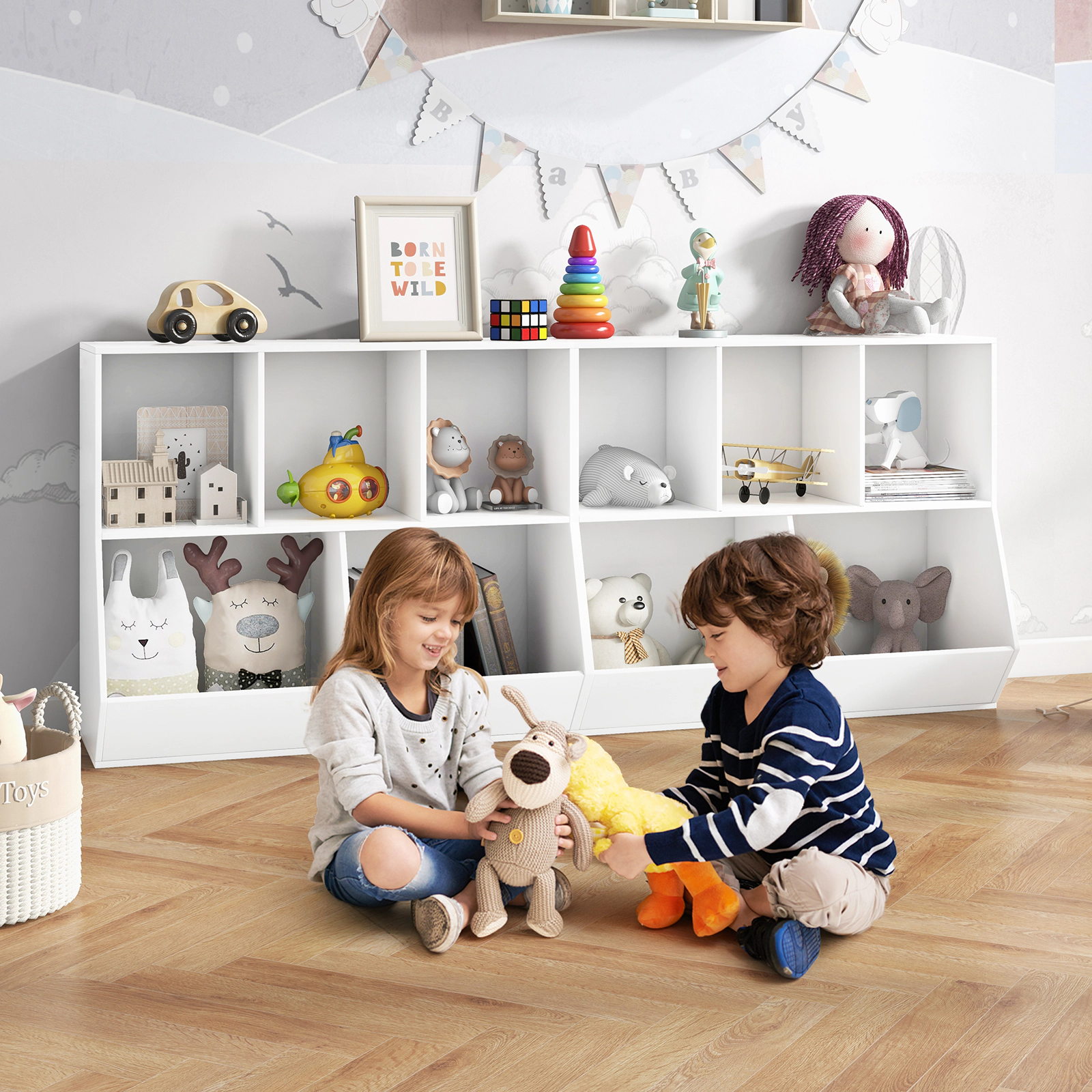 SUGIFT White 5-Cube 110-lb Top Wooden Kids Toy Storage Organizer with Anti-Tipping Kits and 6-in Barriers