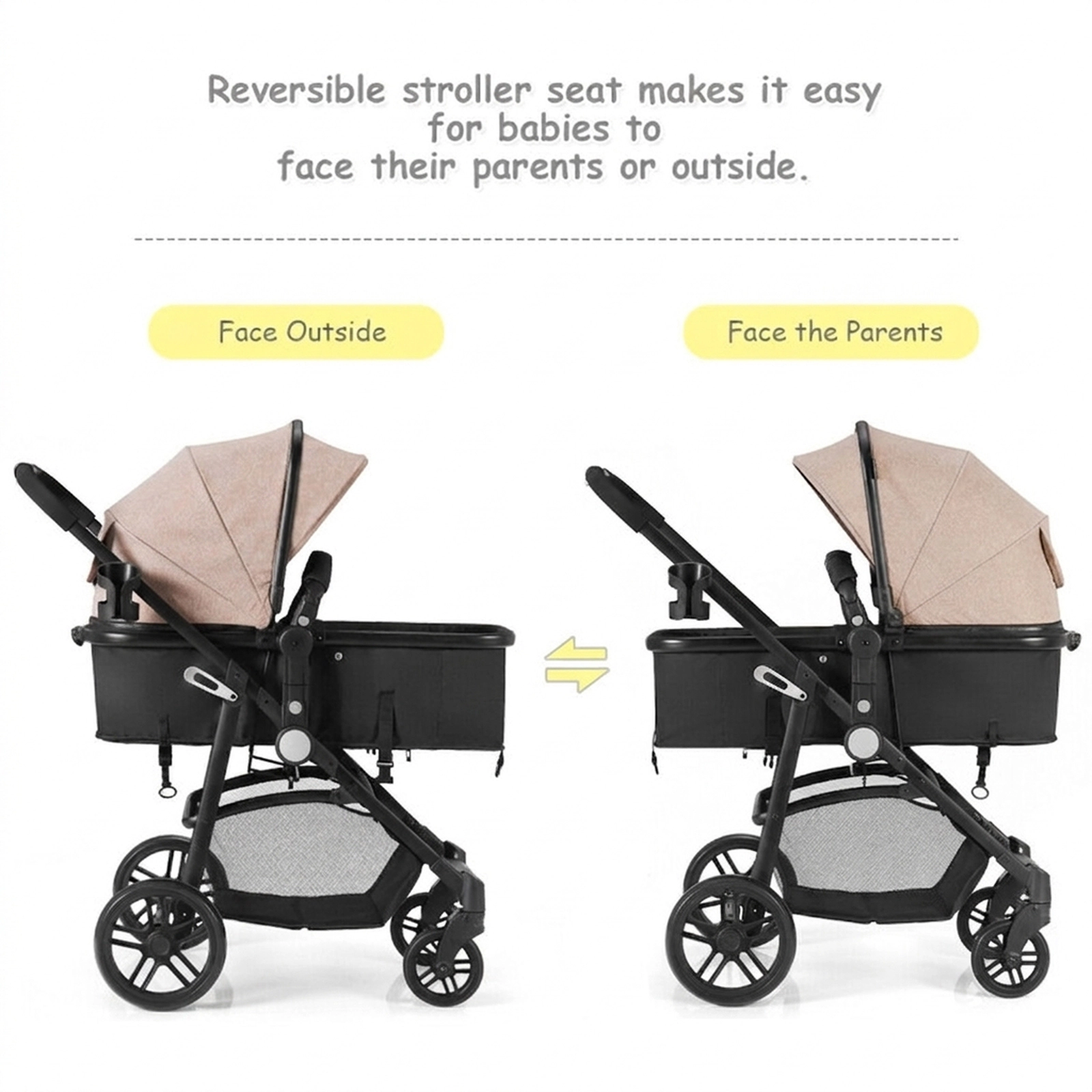 SUGIFT Baby Light Brown 2-in-1 Foldable Stroller with Reversible Bassinet 37-in W 43-in H 33-lb Seat Capacity