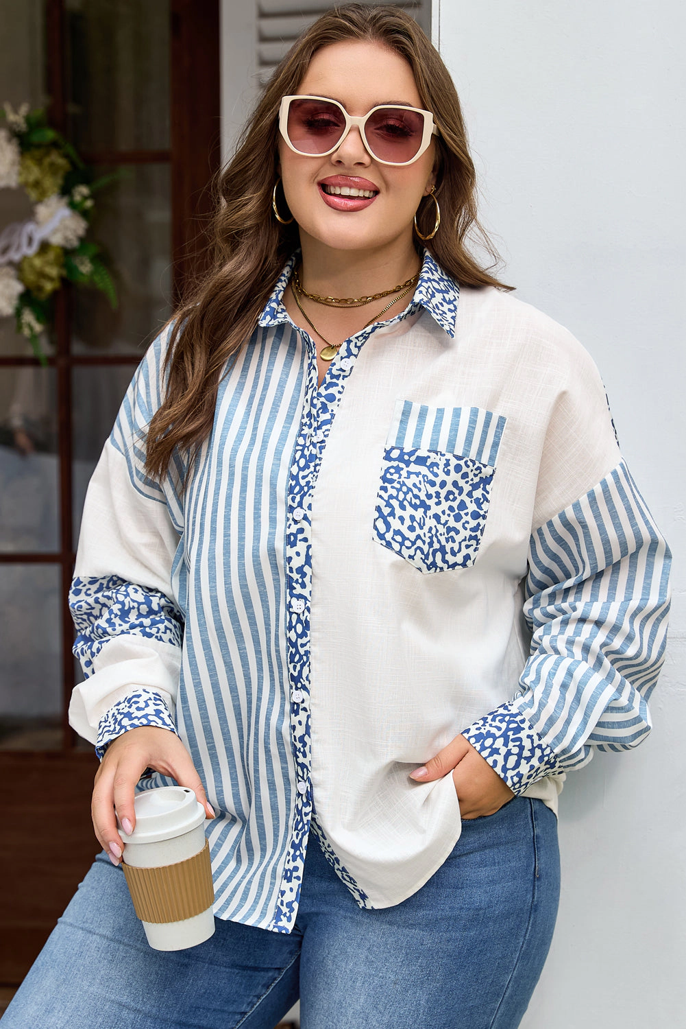 Threaded Pear Women's Livia Striped Patchwork Casual PLUS Shirt
