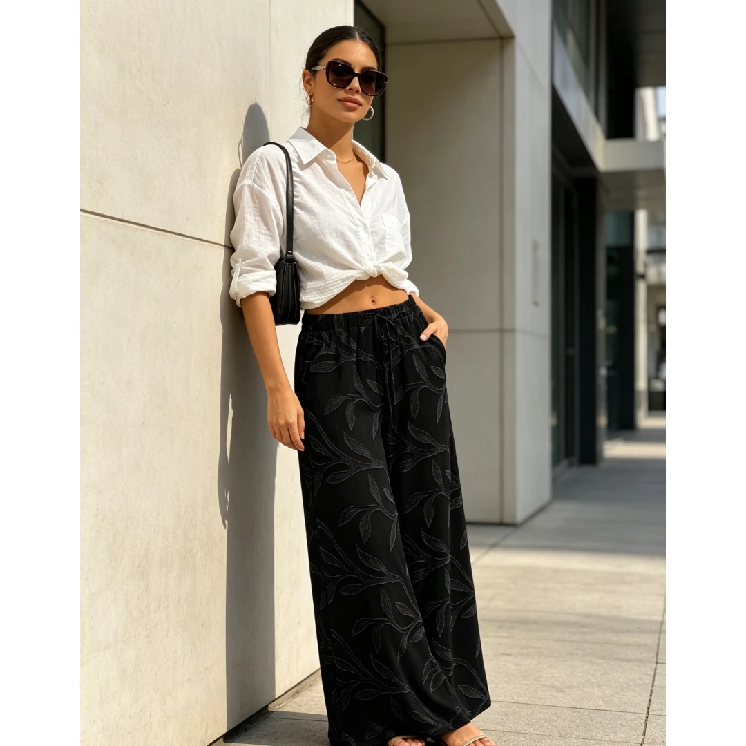 Coolmee Women’s Wide Leg Pants Jacquard Elastic High Waist Drawstring Trousers Textured Casual
