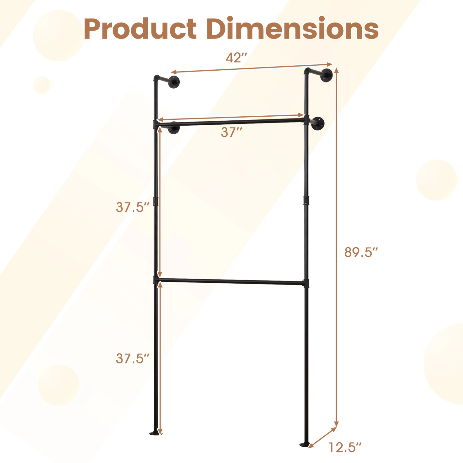 SUGIFT Double-Tier Wall Mounted Pipe Clothing Rack with 2 Hanging Rods 45-lb Rod Capacity Frame Black