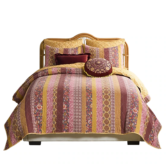 Greenland Home Fashion Marigold Cotton Face Microfiber Back Poly Cotton Fill Quilt Set 3-Piece Full/Queen Sunset