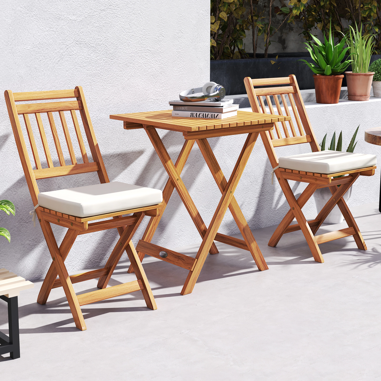 LJG Outdoor Wood Bistro Set with Soft Seat Cushions and Table
