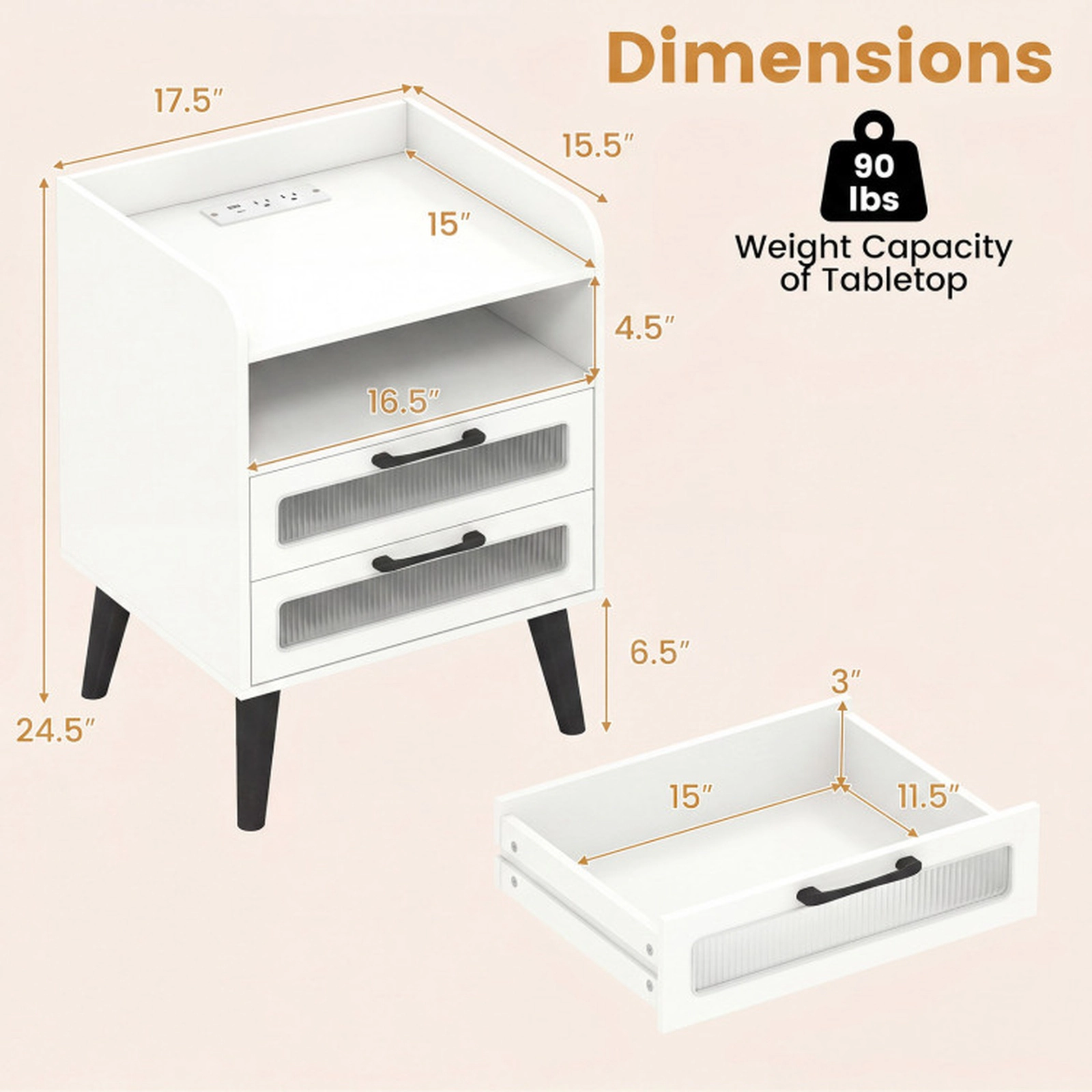 SUGIFT Mid Century Modern Nightstand Charging Station & LED Lights 90-lb Tabletop Capacity 17.5-in Wide White/Natural
