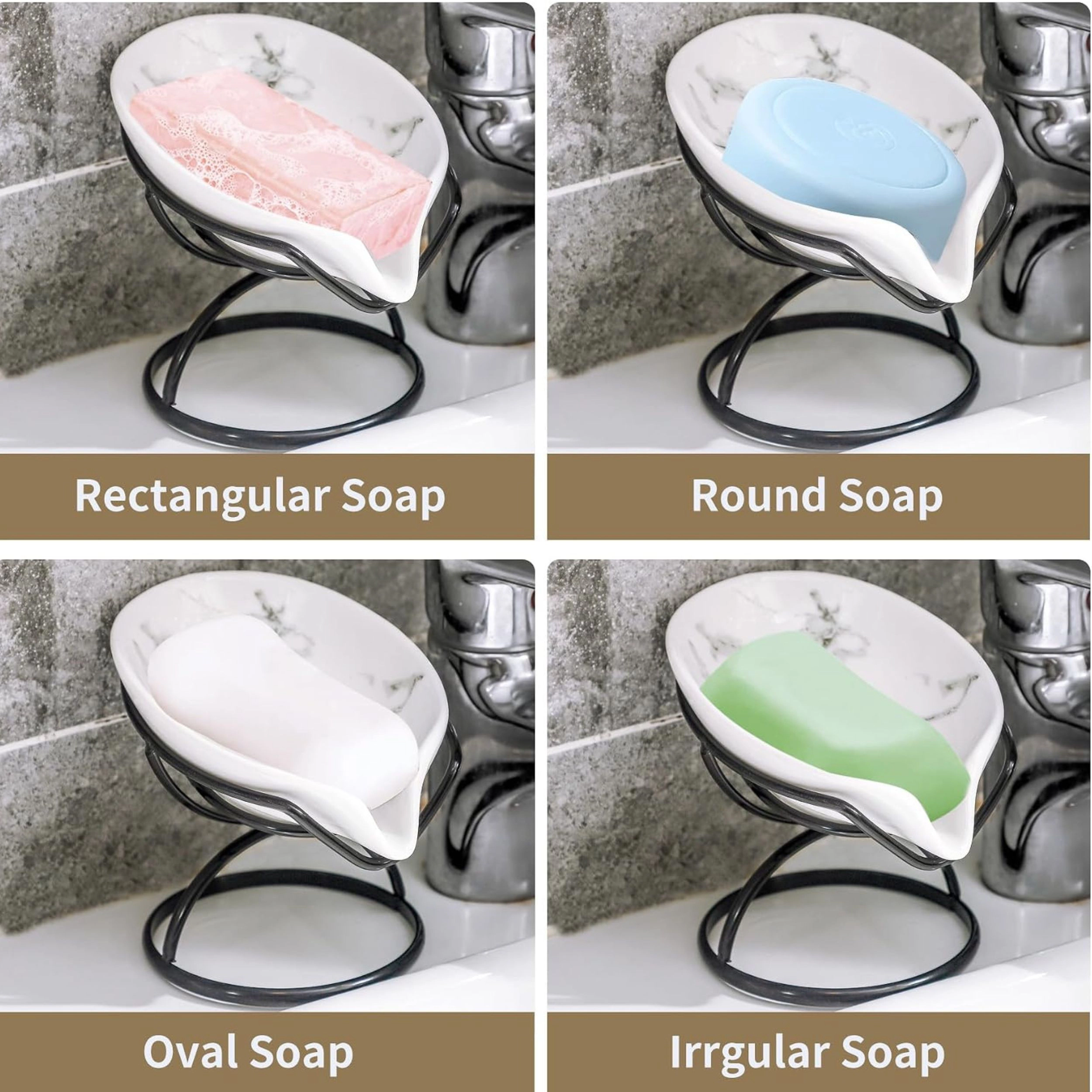 Stock Preferred Leaf Shaped Ceramic Self Draining Soap Dish with Stainless Steel Stand