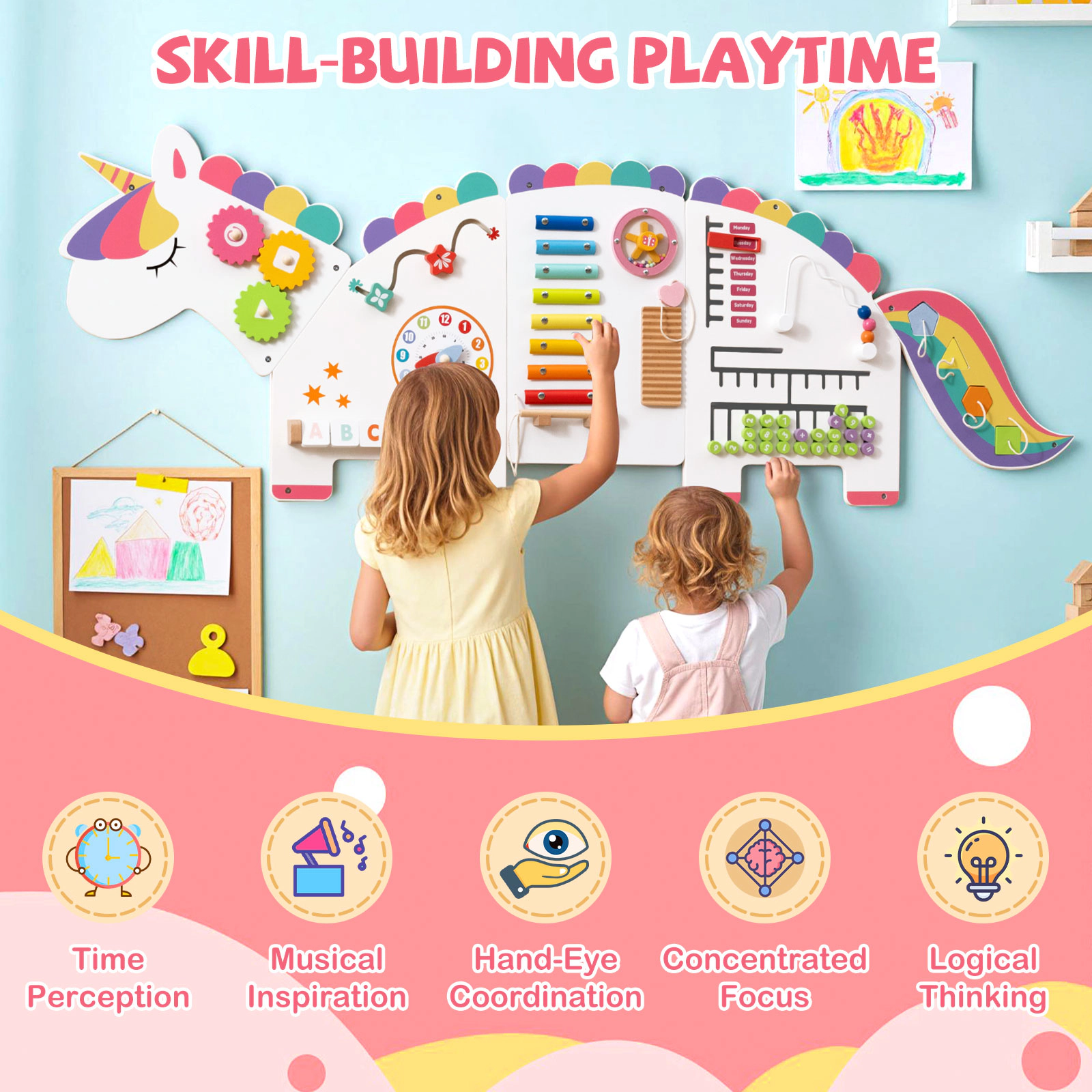 SUGIFT 11-in-1 57-in Dinosaur Montessori Busy Board Wall Panel Set with Xylophone Clock and Abacus