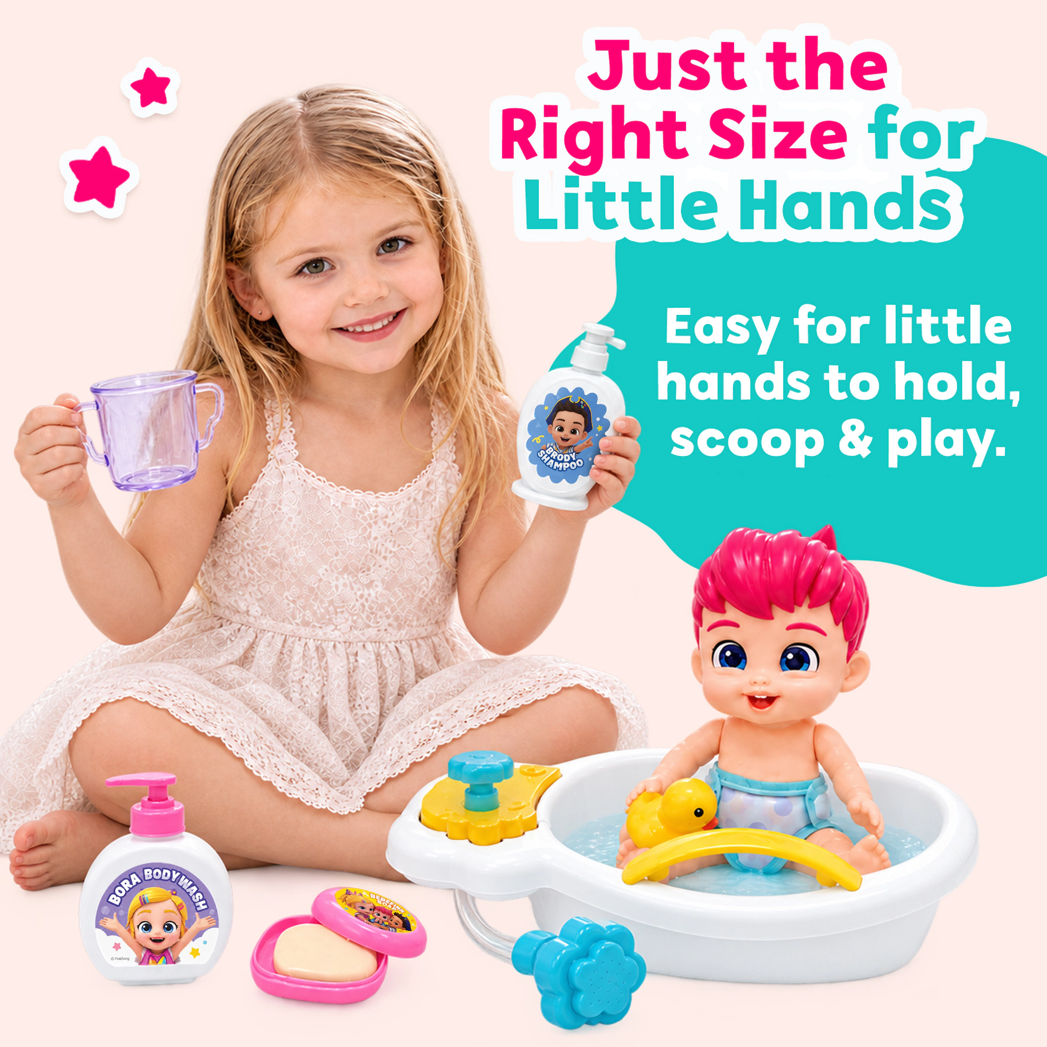 Bebefinn Kids Bath Doll Set - Water-Safe Baby Doll with Bath Play Accessories